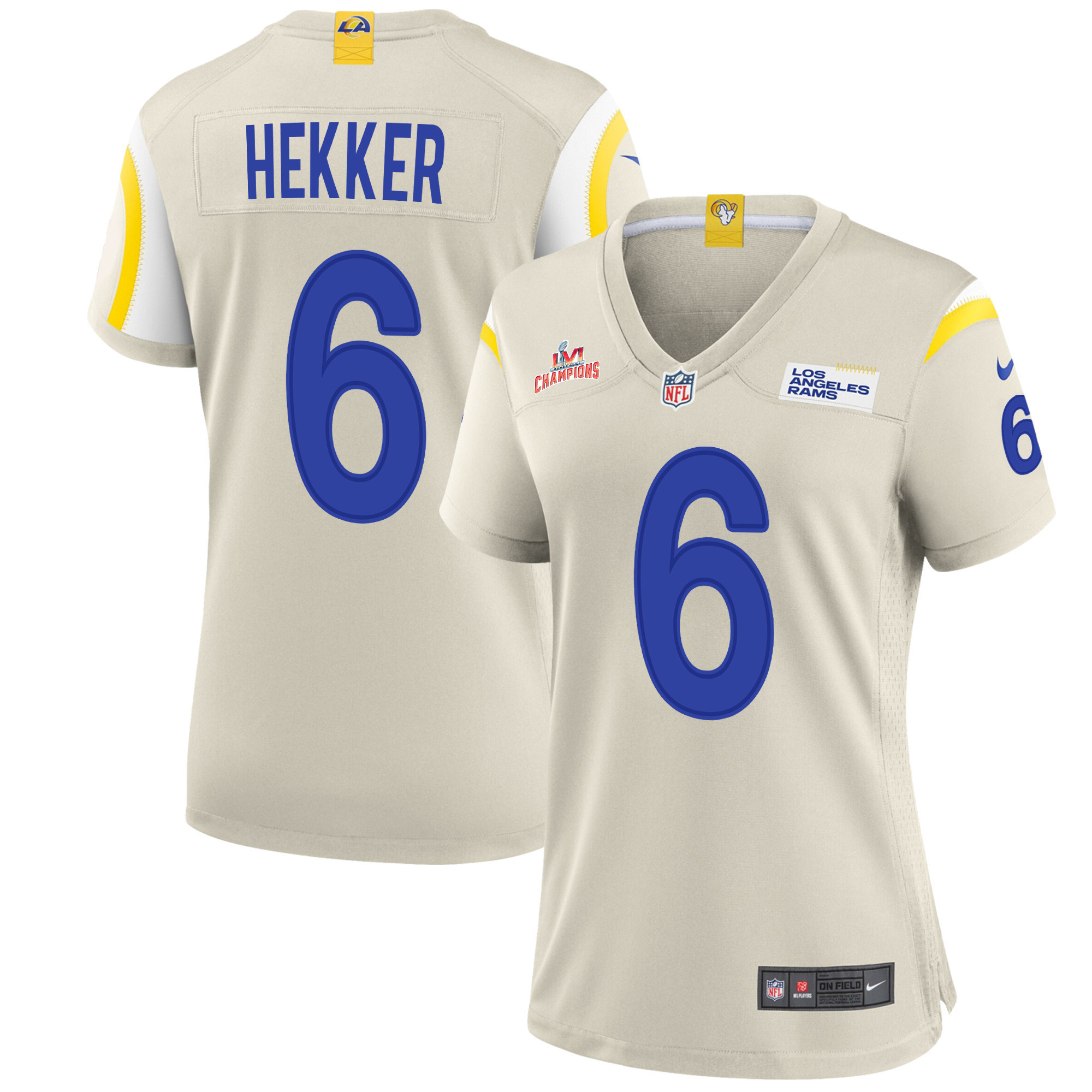 Super Bowl LVI Champions Los Angeles Rams Johnny Hekker 6 Bone Women's Jersey Jersey