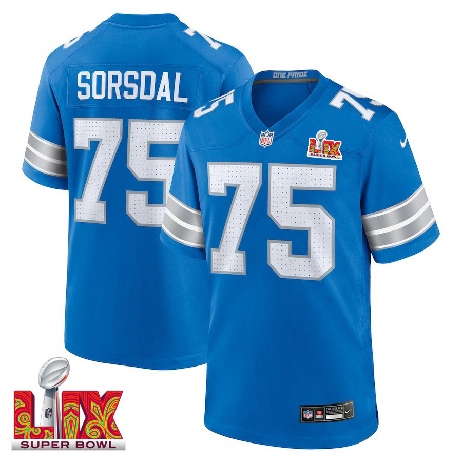 Colby Sorsdal #75 Detroit Lions Super Bowl LIX Jersey - Men's - Blue