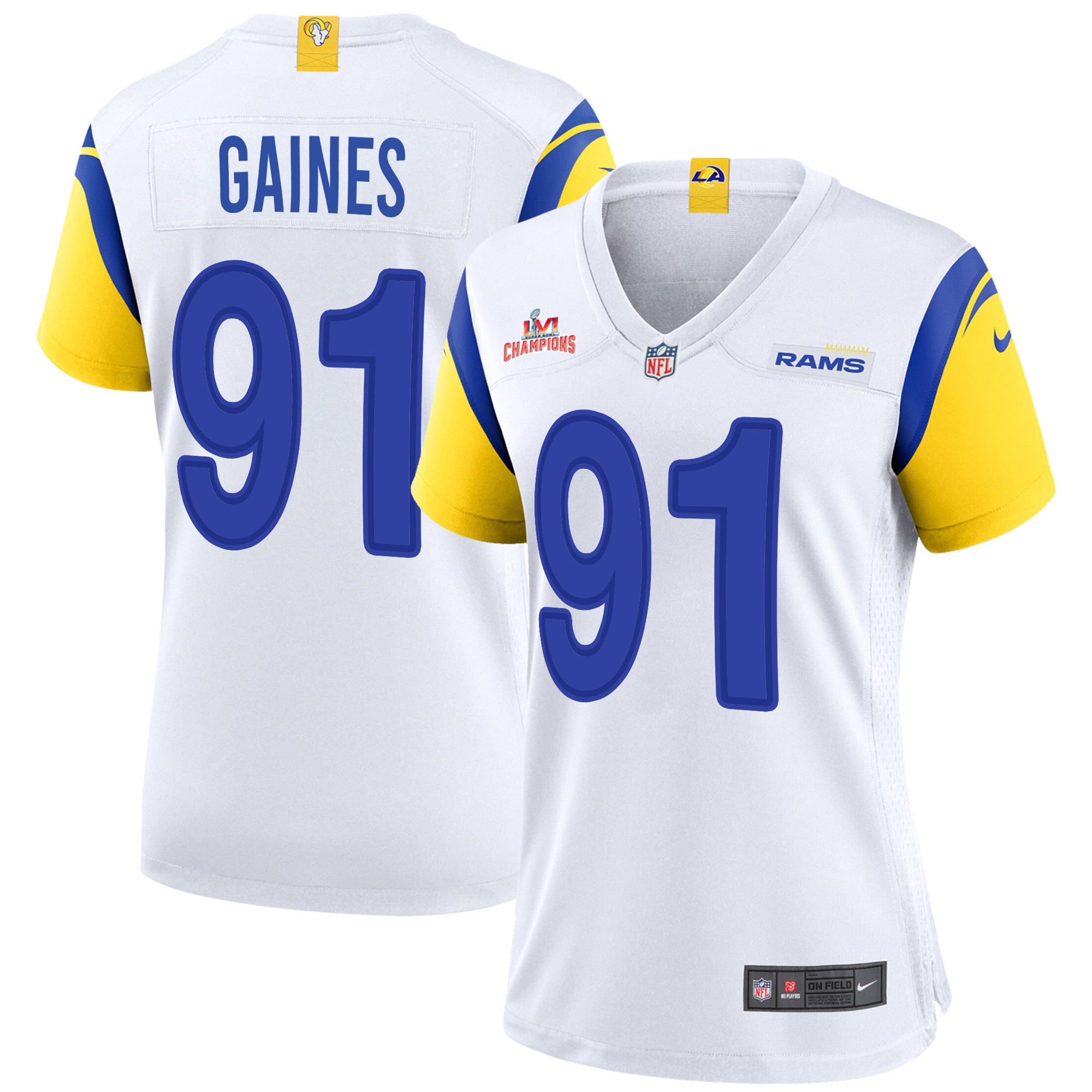 Super Bowl LVI Champions Los Angeles Rams Greg Gaines 91 White Women's Jersey Jersey