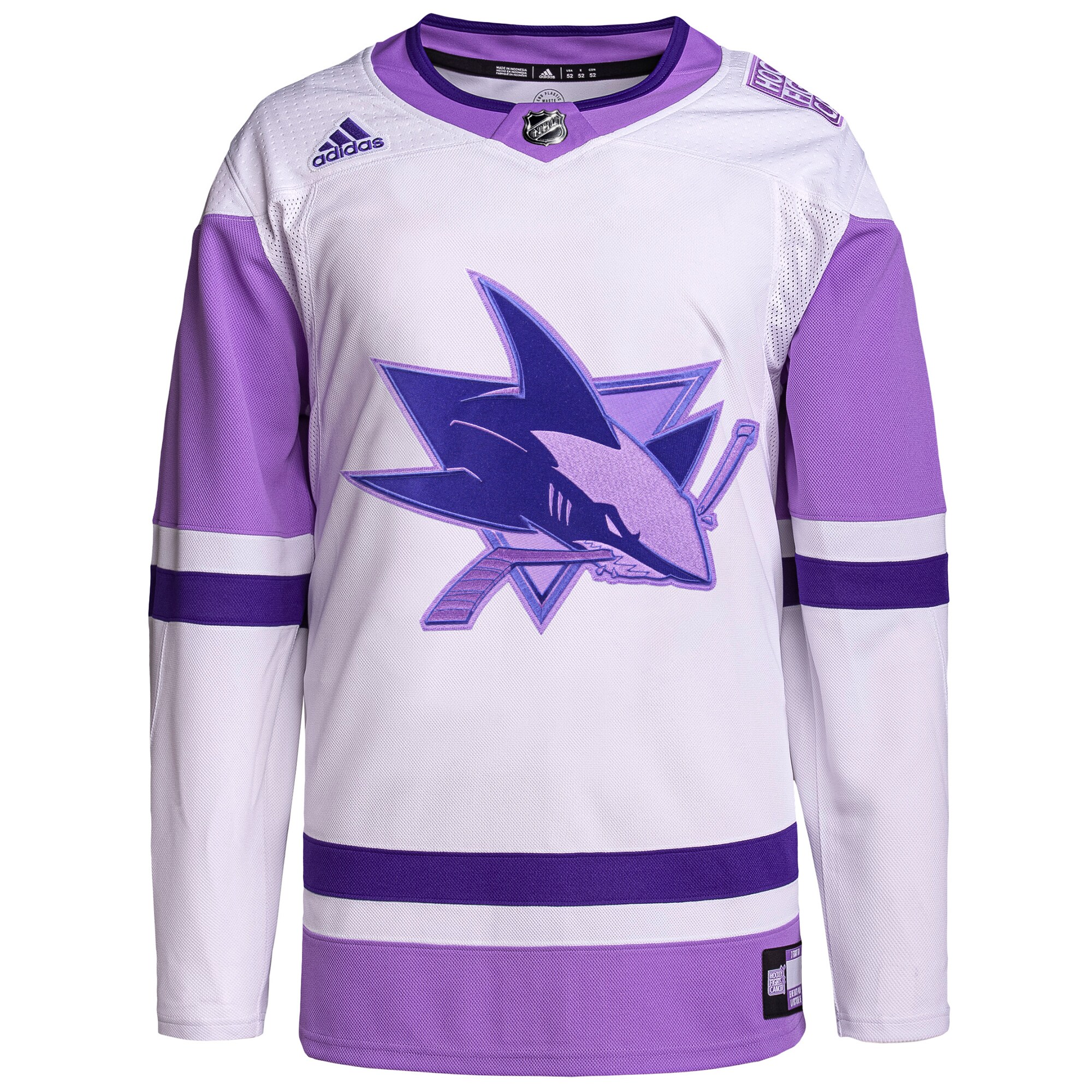 San Jose Sharks adidas Hockey Fights Cancer Primegreen Authentic Blank Practice Jersey - White\/Purple