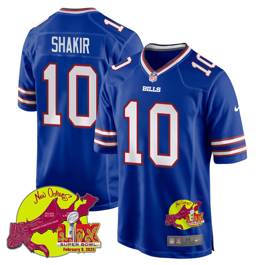 Khalil Shakir 10 Buffalo Bills Super Bowl LIX New Orleans Patch Game Men Jersey - Royal