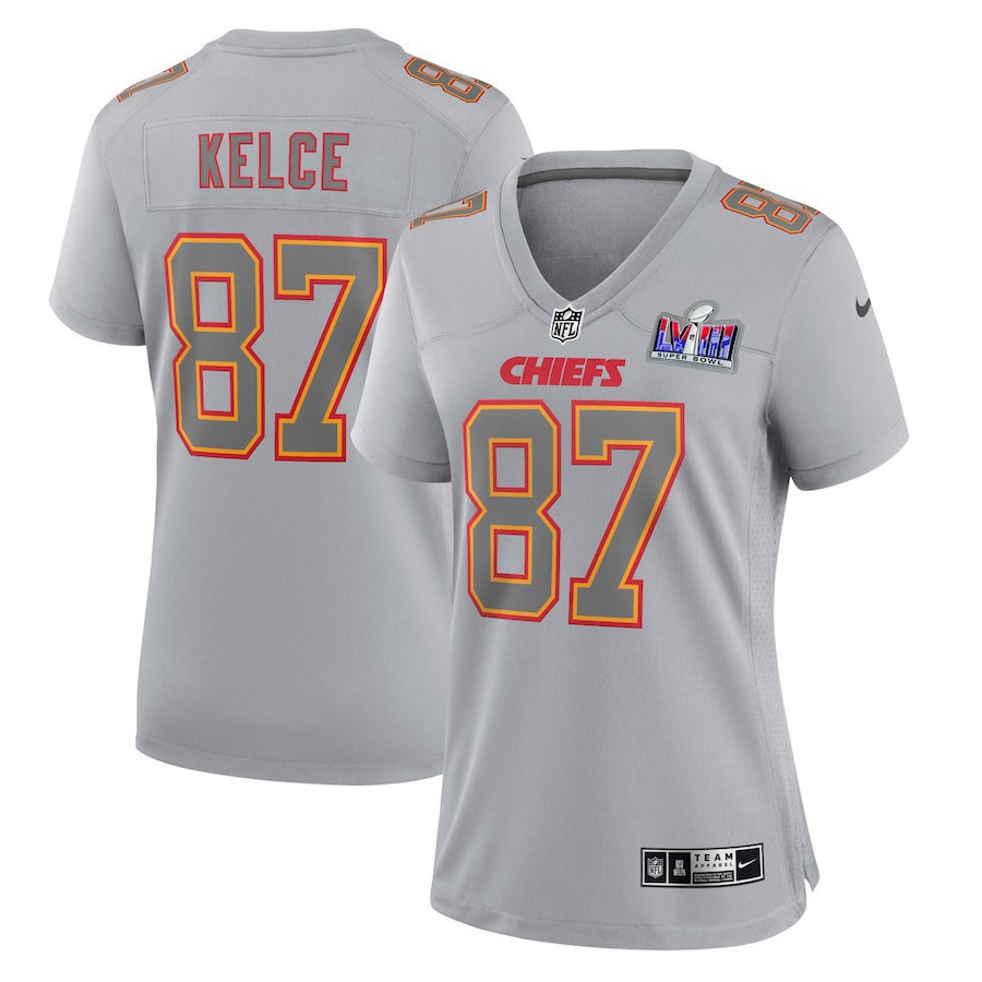 Travis Kelce 87 Kansas City Chiefs Super Bowl LVIII Atmosphere Fashion Game Women Jersey - Gray