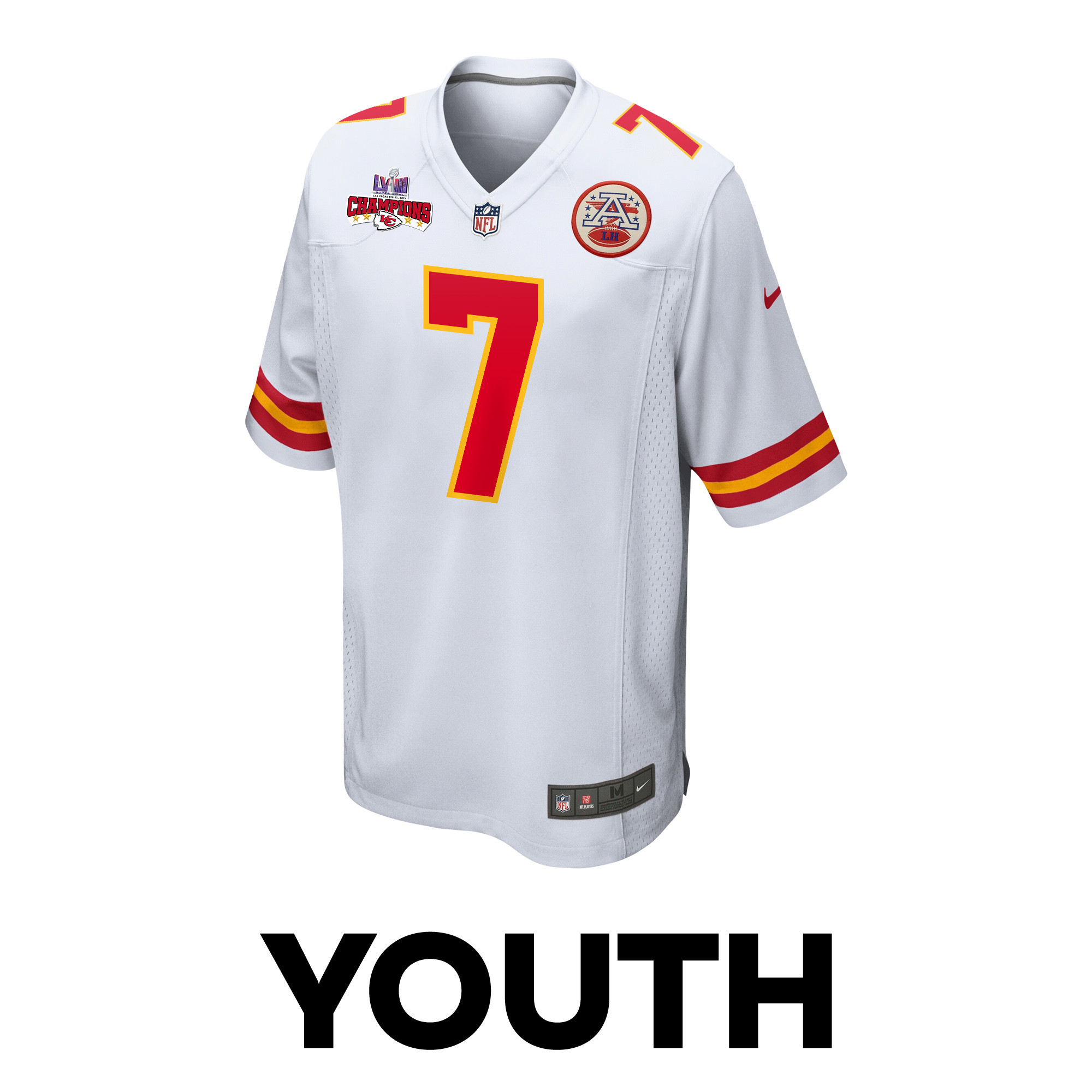 Harrison Butker 7 Kansas City Chiefs Super Bowl LVIII Champions 4 Stars Patch Game YOUTH Jersey - White