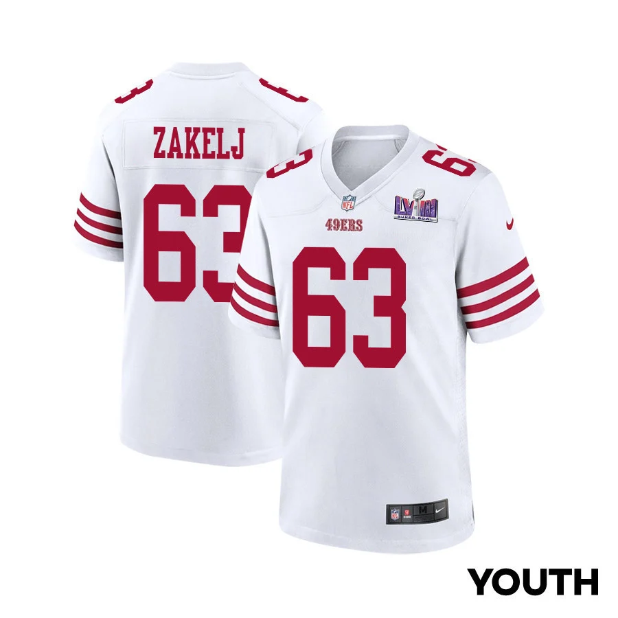 Nick Zakelj 63 San Francisco 49ers Super Bowl LVIII Patch Game YOUTH Jersey - White