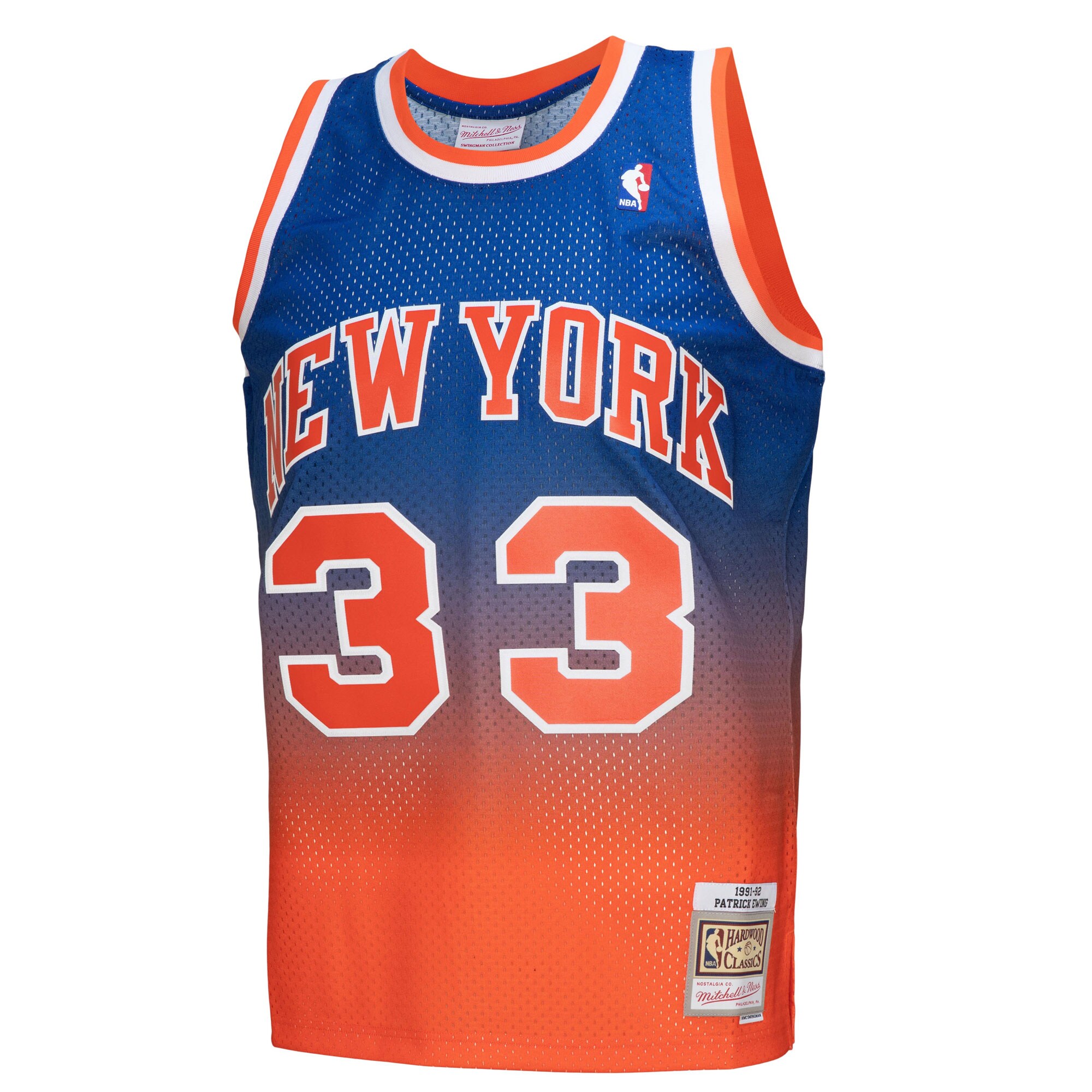 Patrick Ewing New York Knicks Mitchell & Ness 1991\/92 Hardwood Classics Fadeaway Swingman Player Jersey - Orange\/Royal