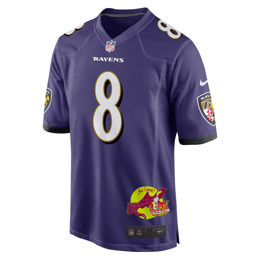 Lamar Jackson 8 Baltimore Ravens Super Bowl LIX New Orleans Patch Game Men Jersey - Purple