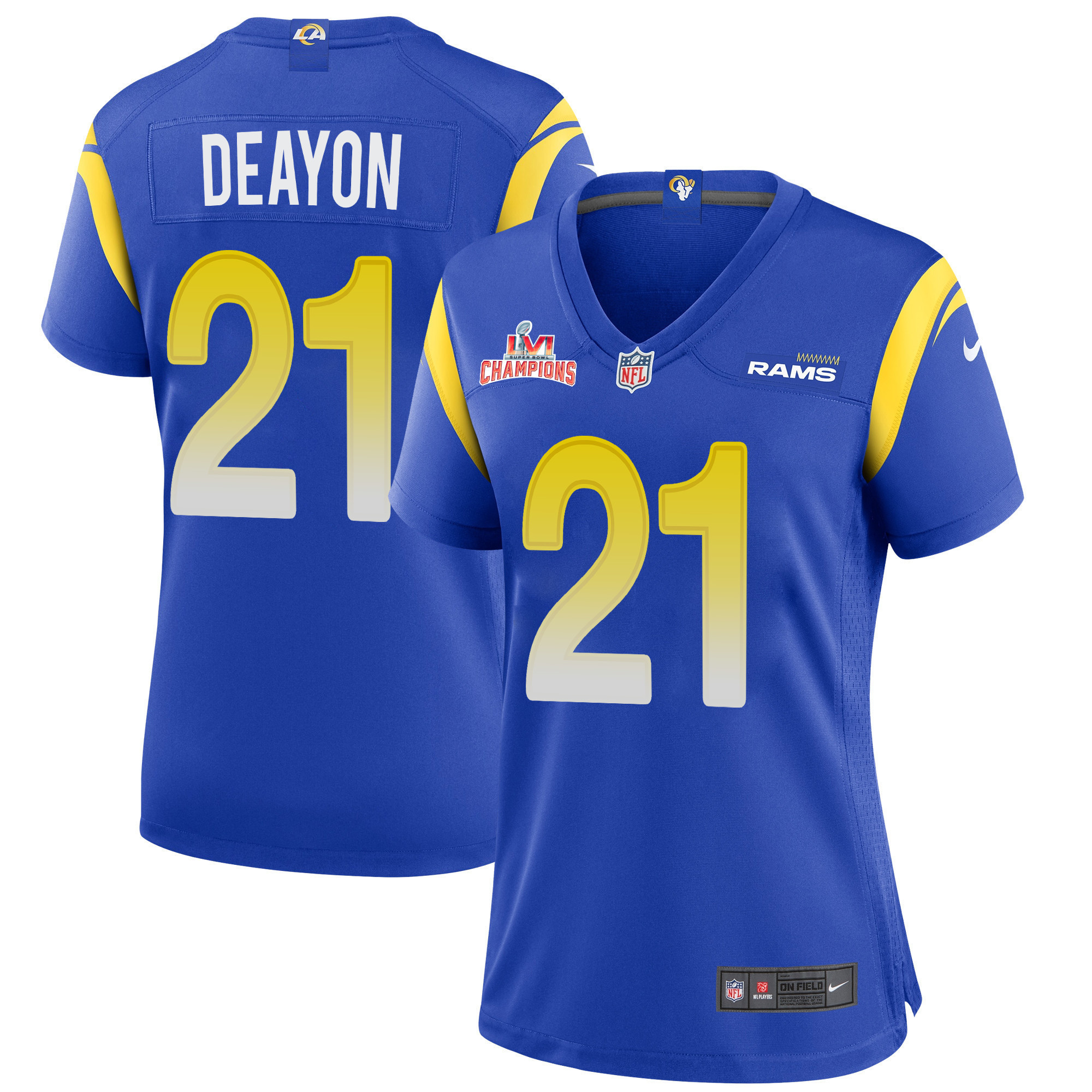 Super Bowl LVI Champions Los Angeles Rams Dont'e Deayon 21 Royal Women's Jersey Jersey