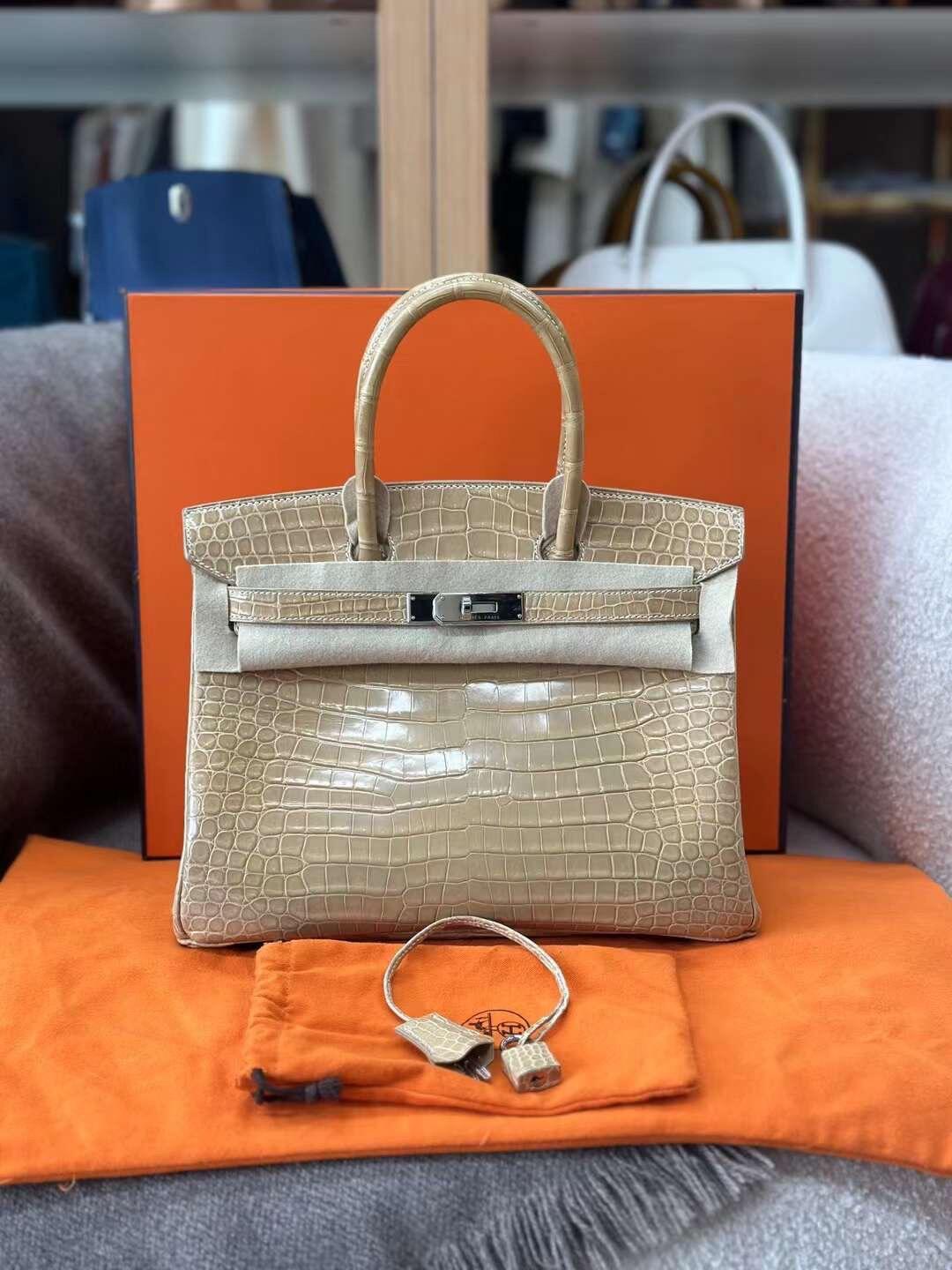 beige silver buckle shiny inverted V crocodile birkin 25-30CM - MOVEMENTARTISAN