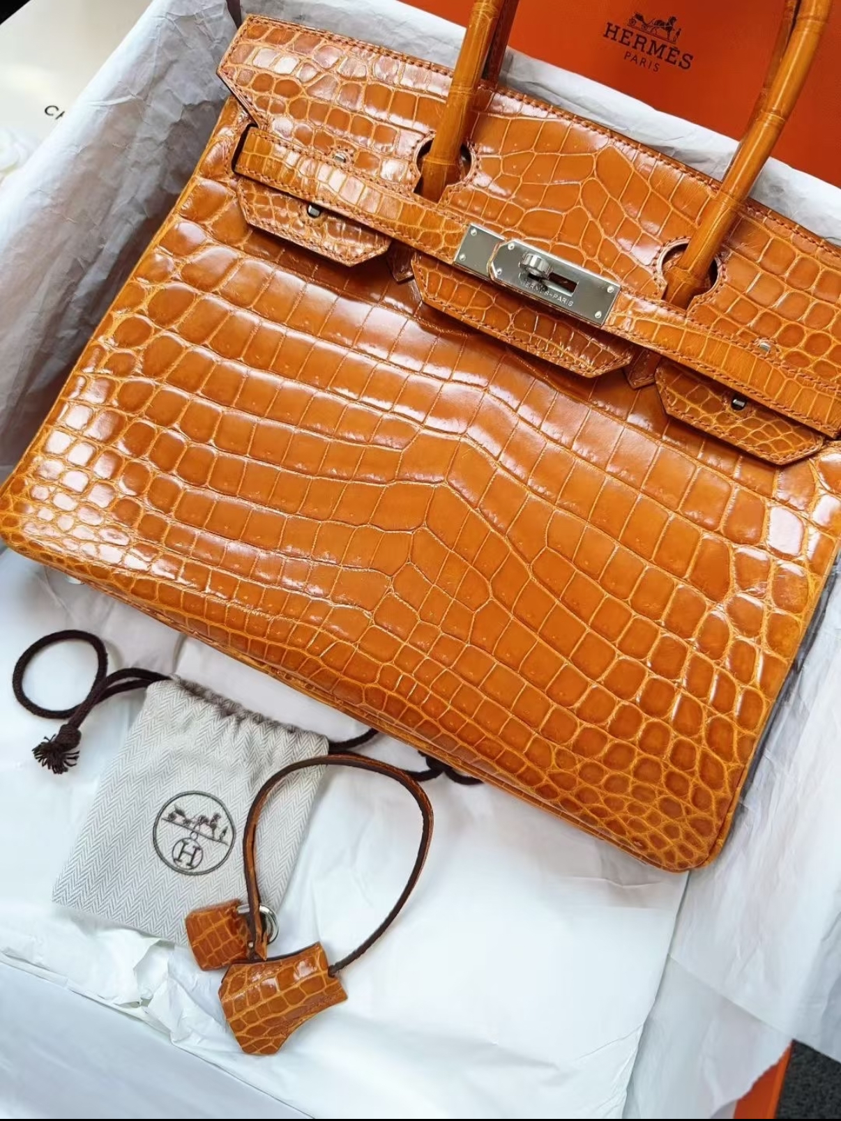 Birkin 25-30 Ginger Shiny Crocodile Leather - MOVEMENTARTISAN