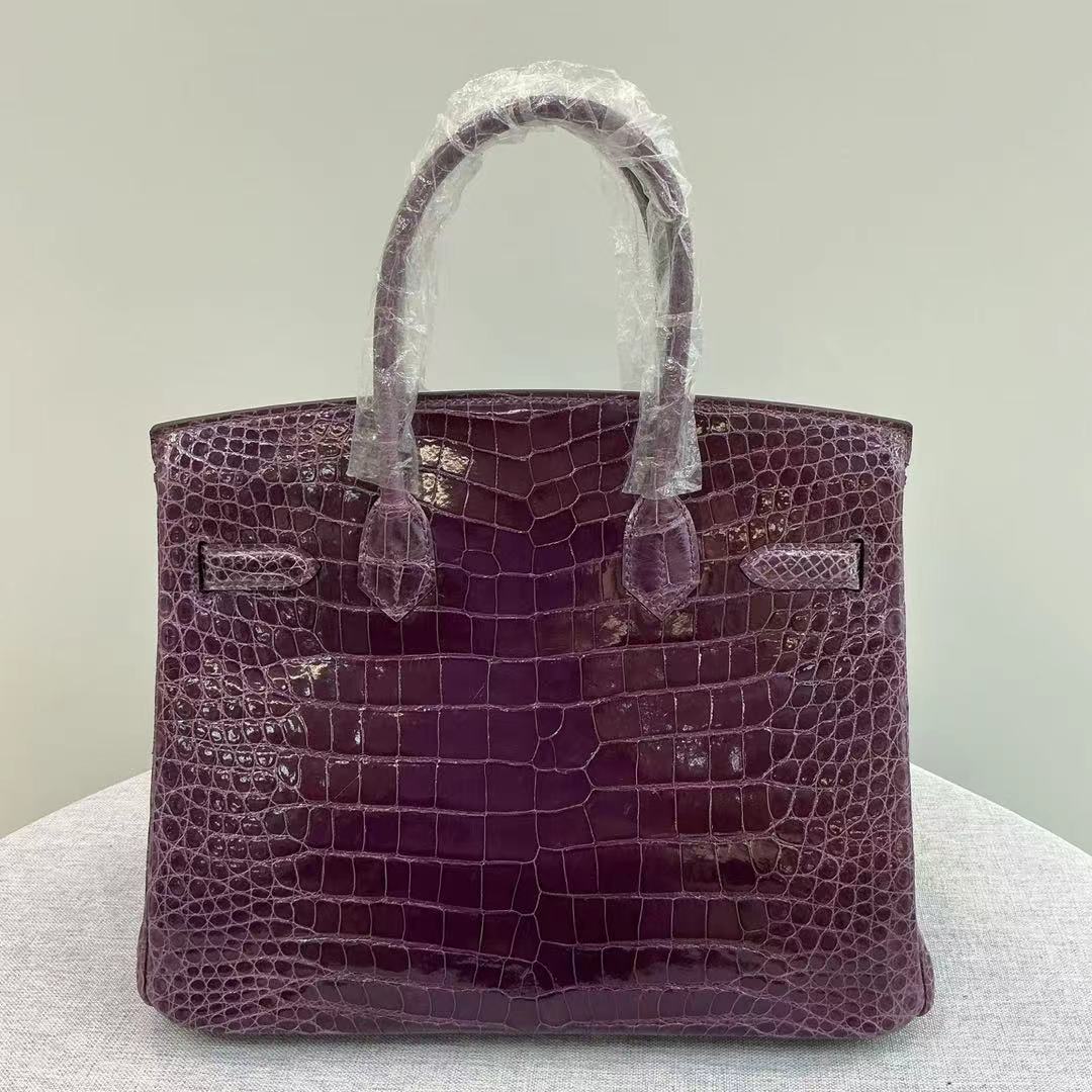Birkin 25-35 inverted V shiny crocodile grape purple Gold buckle - MOVEMENTARTISAN