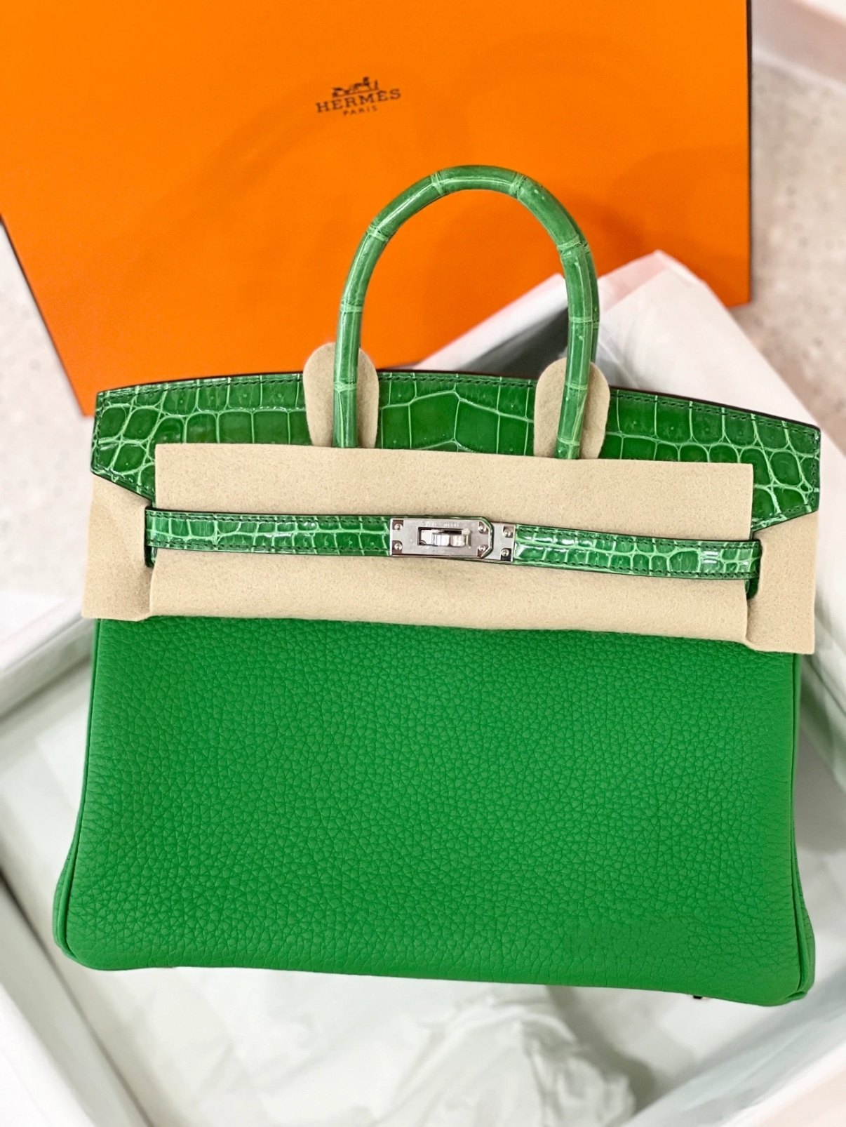 Birkin Bamboo Green TOGO Patchwork Crocodile Leather Custom - MOVEMENTARTISAN