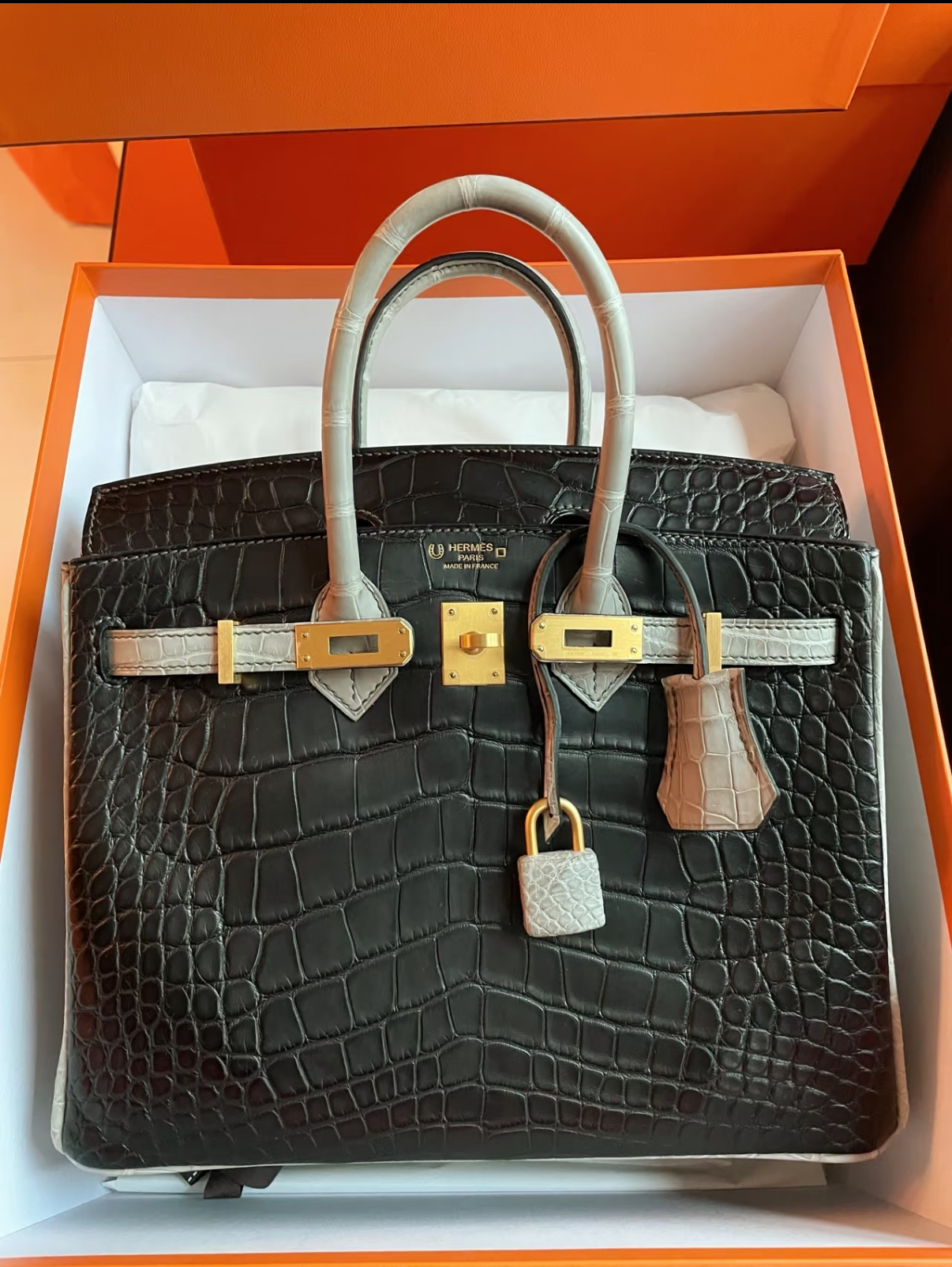 Birkin 25 black white crocodile leather Customized - MOVEMENTARTISAN