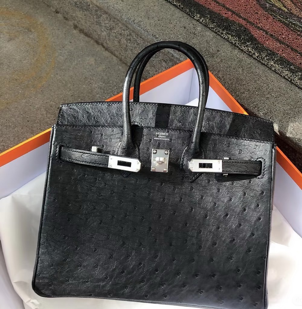 Birkin 25-35 Black Ostrich Leather with Black Buckle - MOVEMENTARTISAN