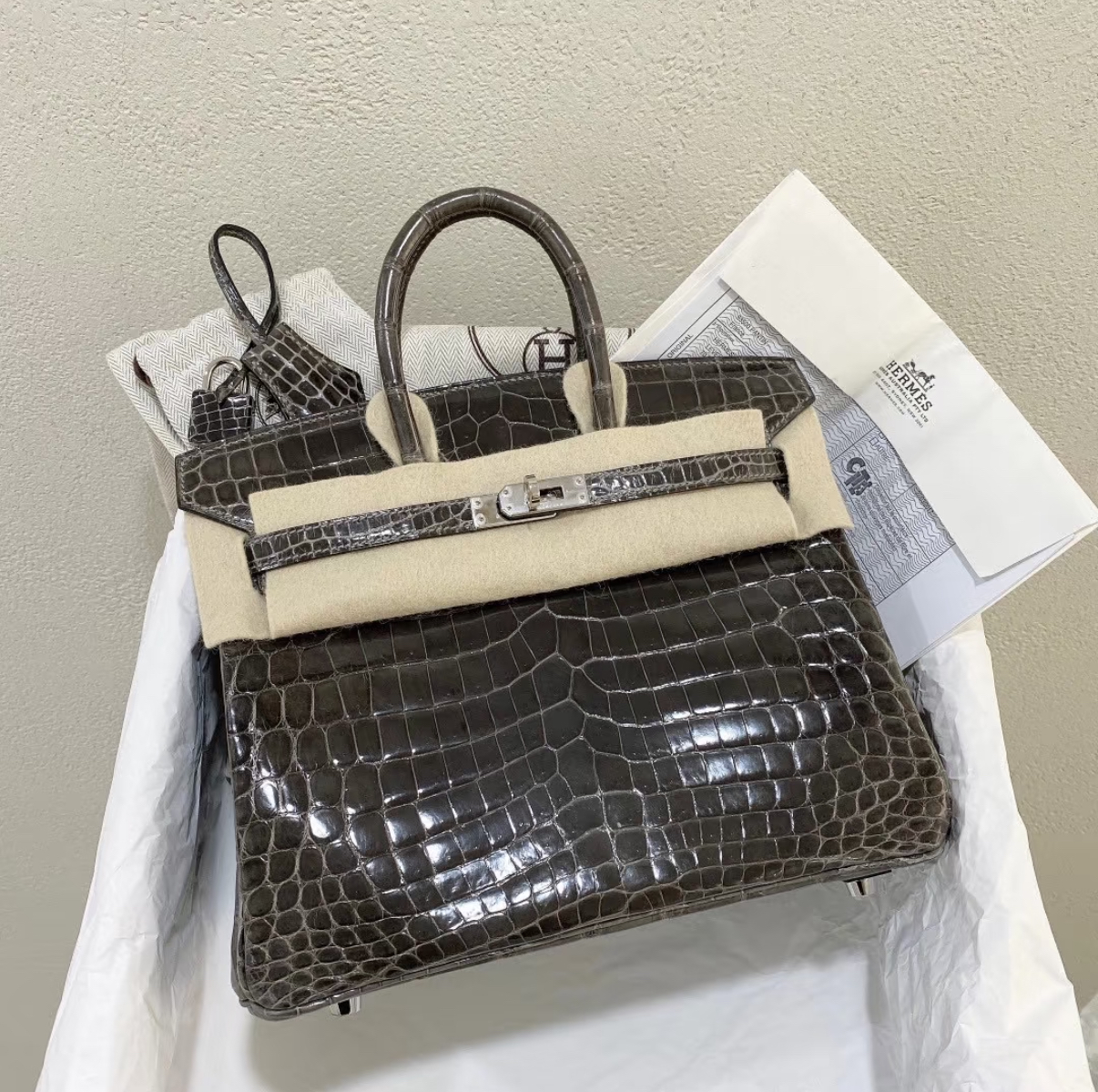 Birkin 25-30 graphite grey silver buckle custom crocodile leather - MOVEMENTARTISAN