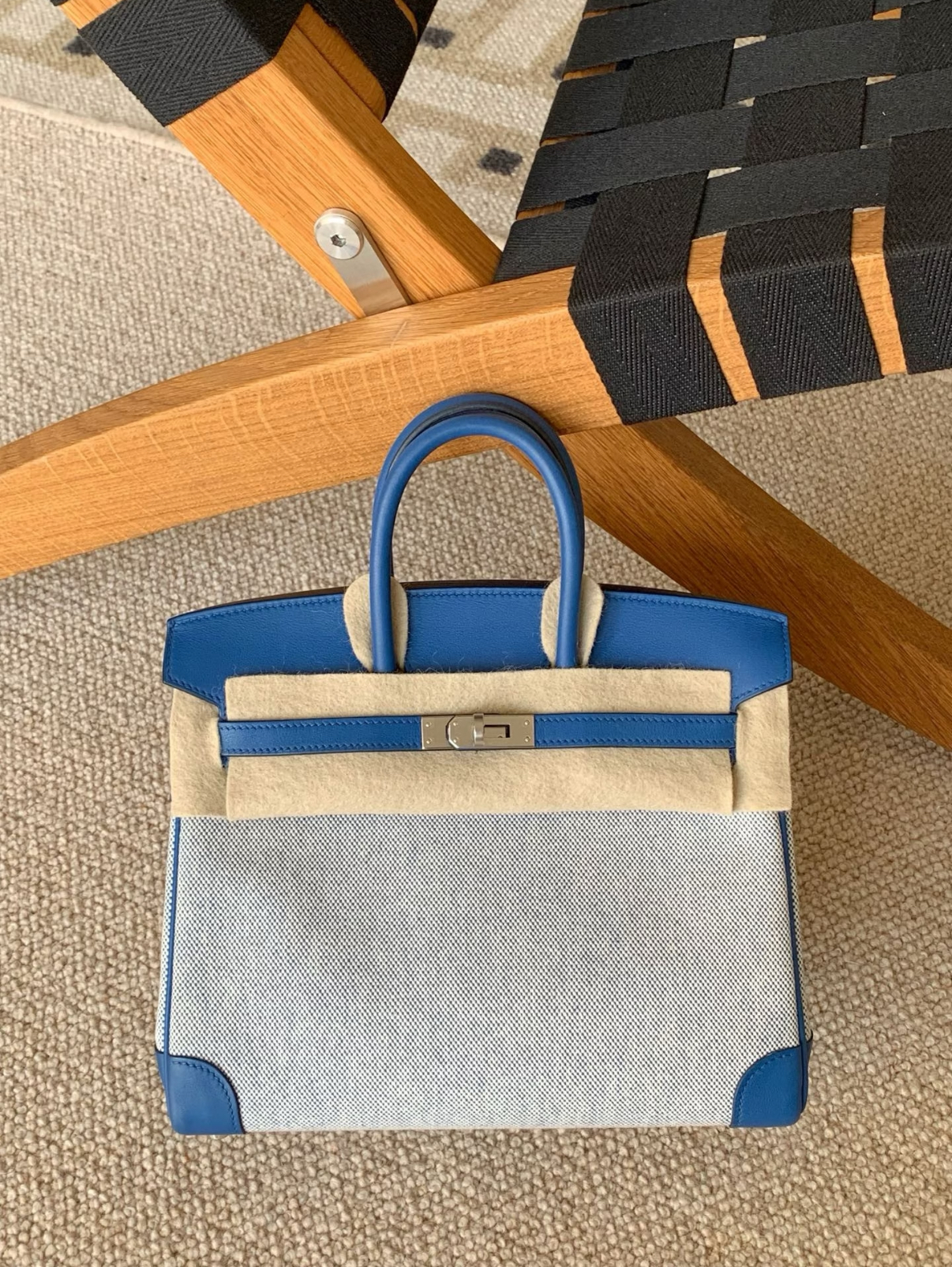 Birkin 25-30 French blue canvas and leather with silver buckle custom - MOVEMENTARTISAN