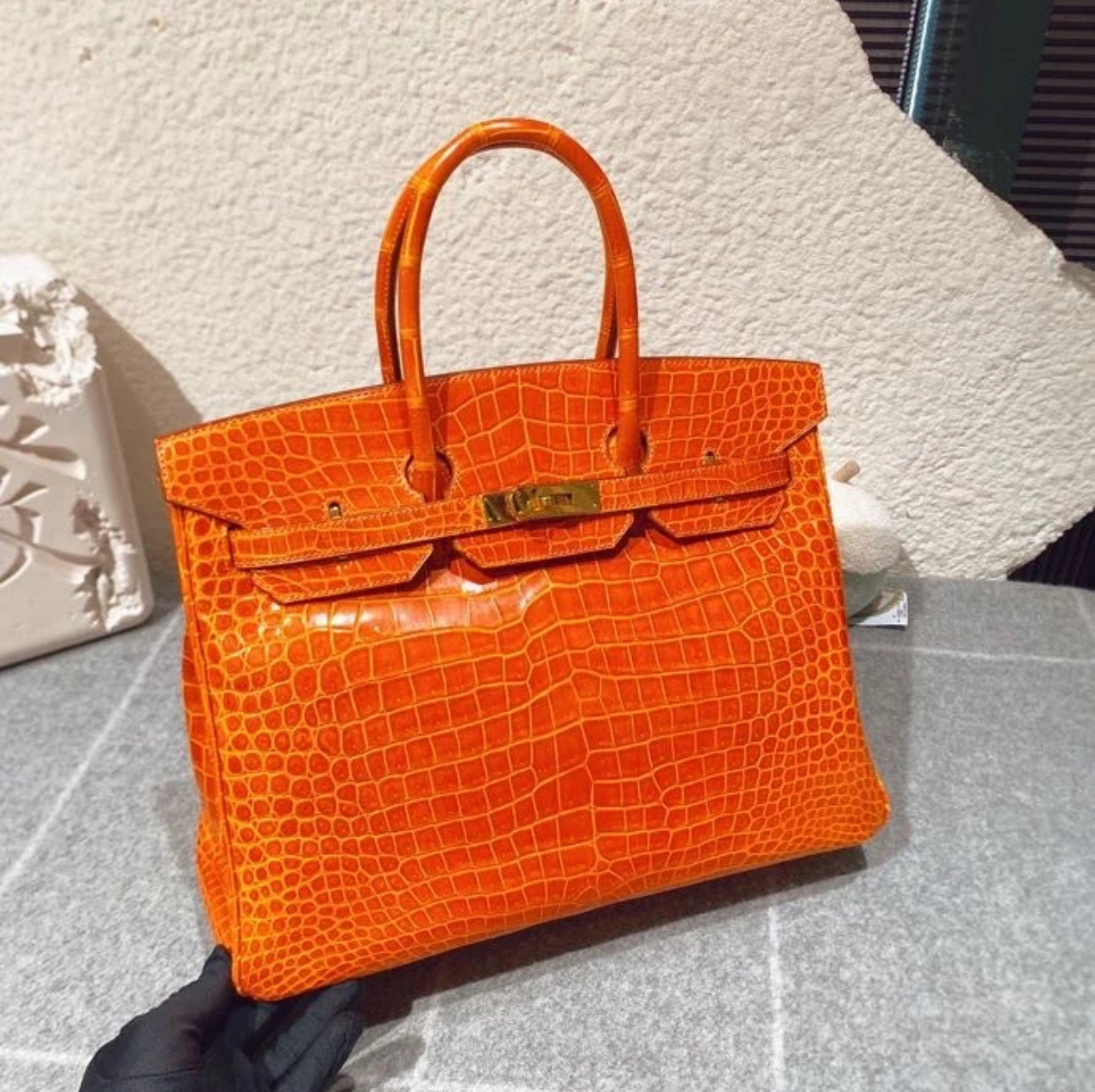 Birkin 25-35 orange glossy crocodile leather custom - MOVEMENTARTISAN