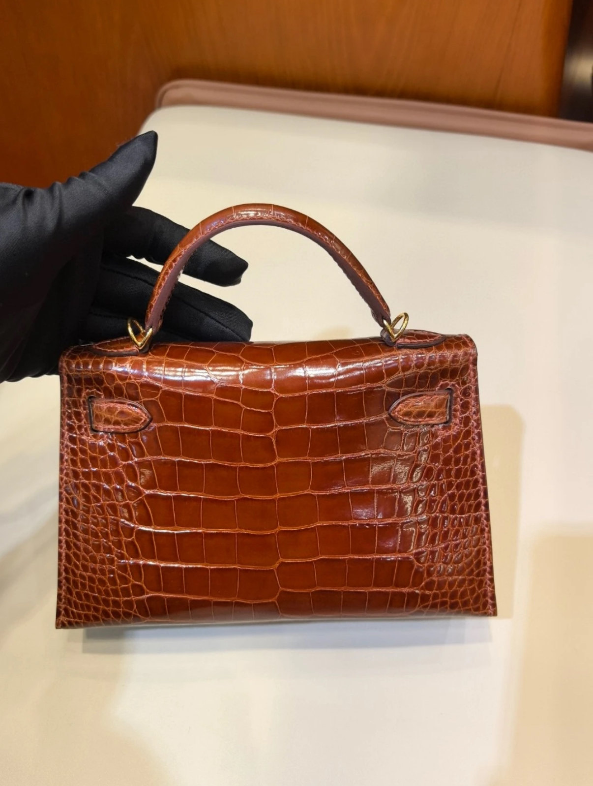 Kelly Mini Honey Brown Gold Buckle Crocodile Leather Custom - MOVEMENTARTISAN