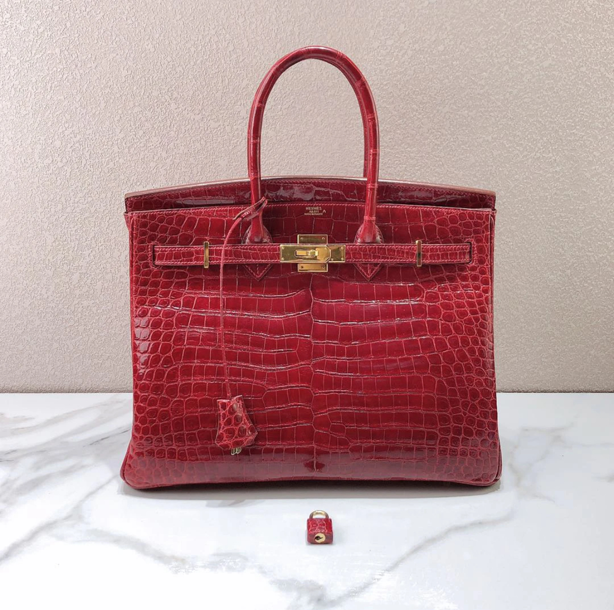 Birkin 35 inverted V red hand-made custom crocodile leather - MOVEMENTARTISAN