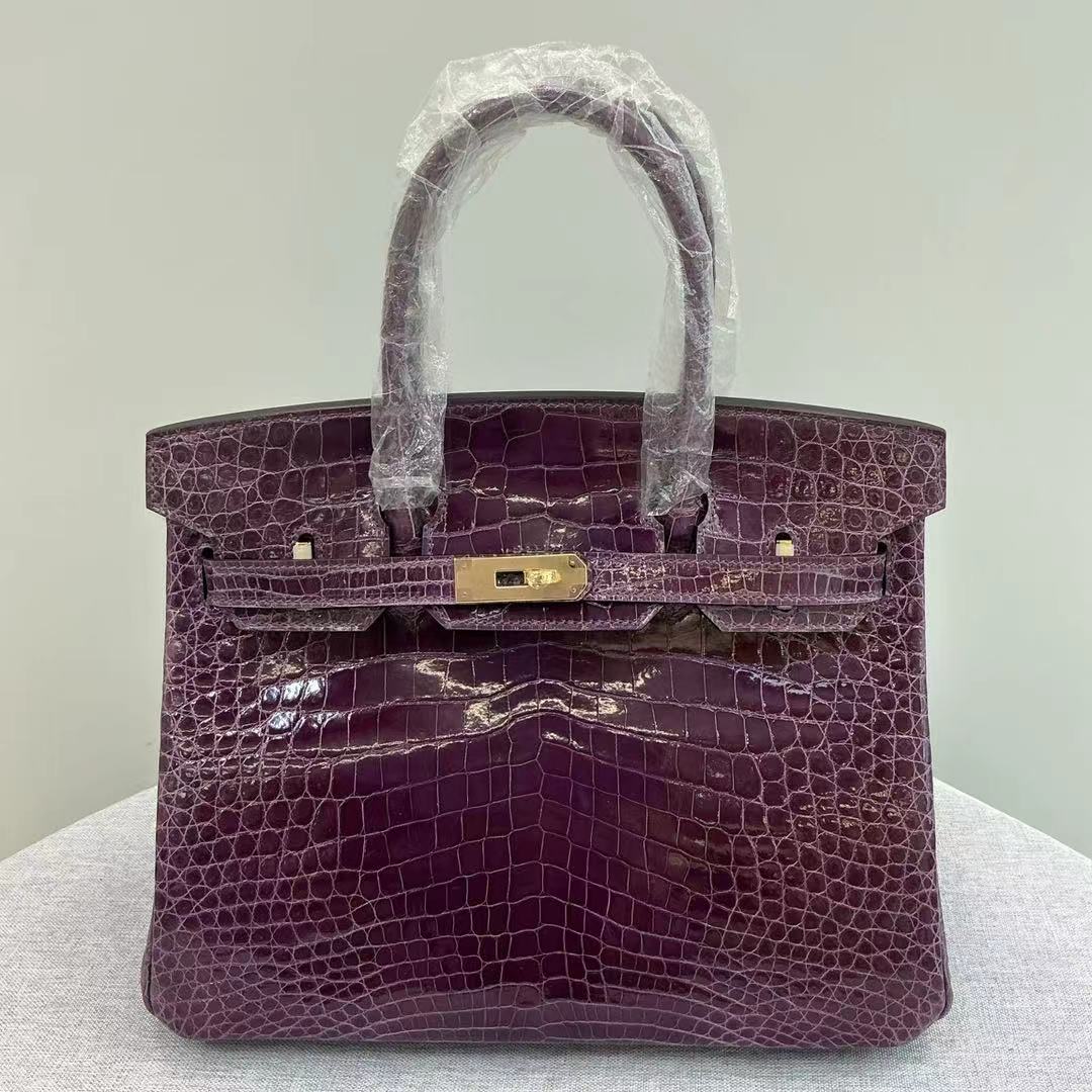 Birkin 25-35 inverted V shiny crocodile grape purple Gold buckle - MOVEMENTARTISAN