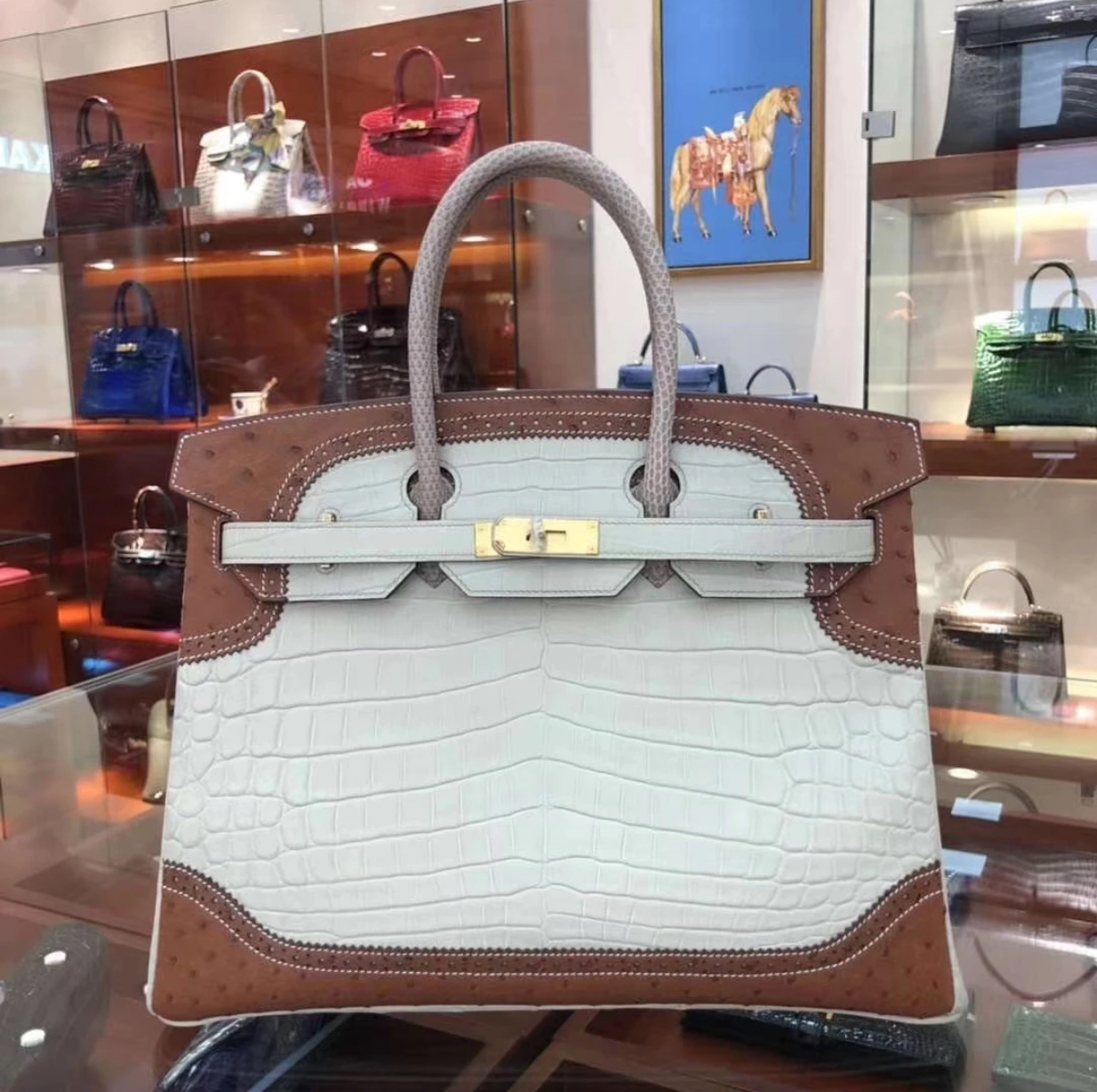 Birkin 25-35 crocodile and ostrich leather accents gold hardware custom - MOVEMENTARTISAN