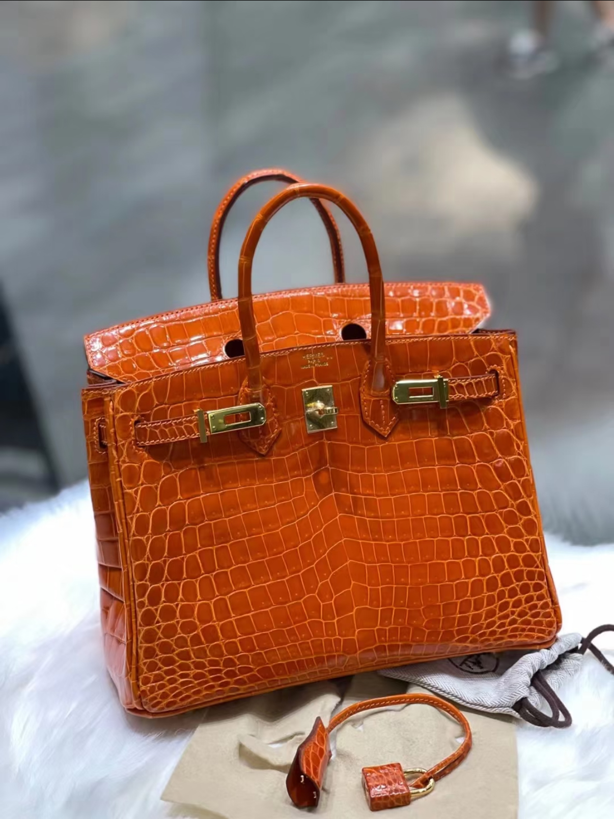 Birkin 25-35 orange glossy crocodile leather custom - MOVEMENTARTISAN