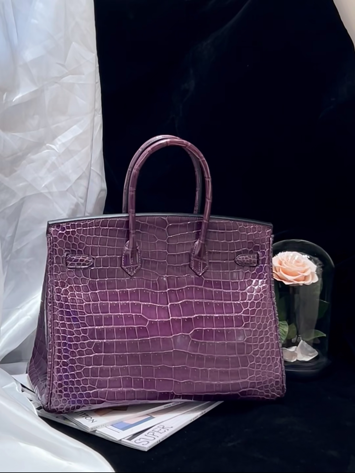 Birkin 25-35 inverted V shiny crocodile grape purple silver buckle - MOVEMENTARTISAN