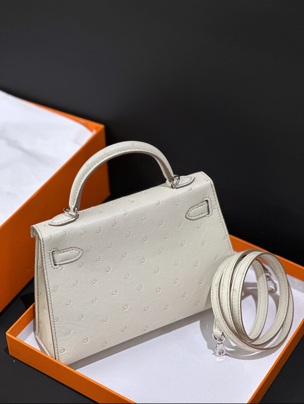 Mini Kelly II 19 Silver Buckle Glacier White Ostrich Leather Custom - MOVEMENTARTISAN