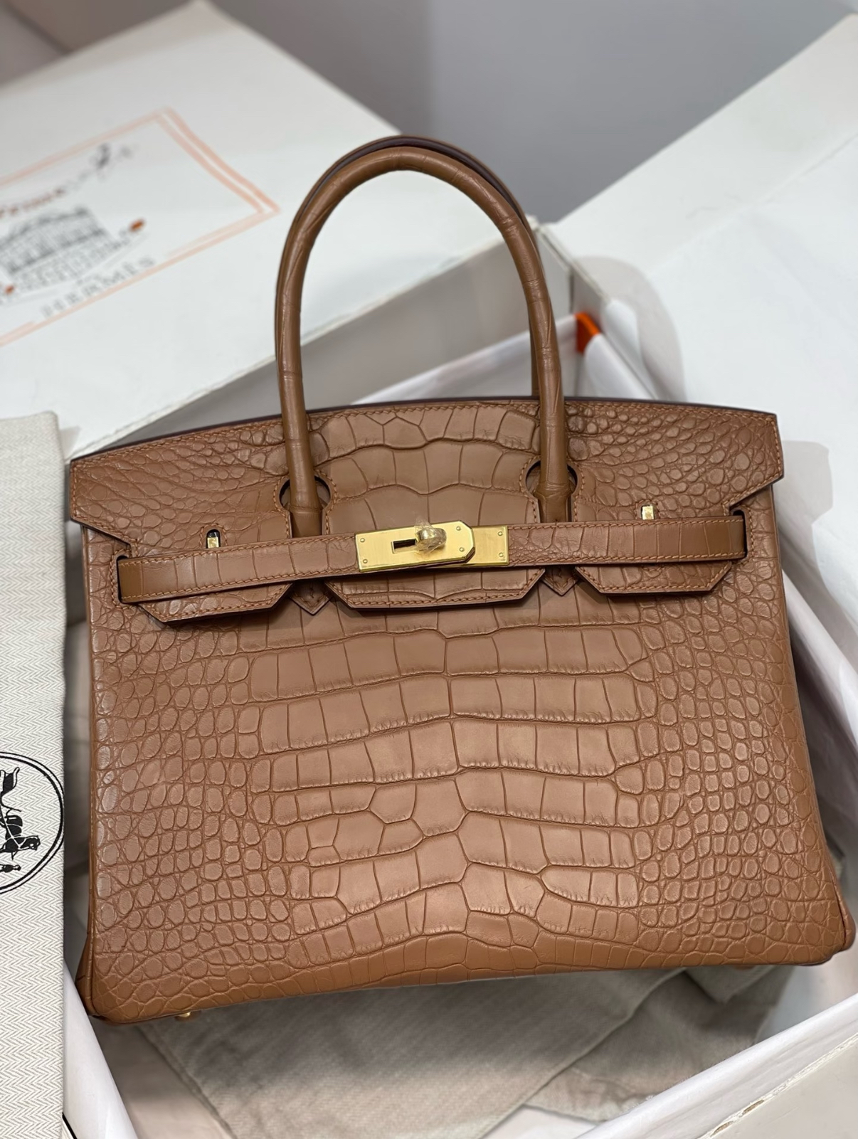 Birkin 25-30 Golden Brown Matte American crocodile leather - MOVEMENTARTISAN