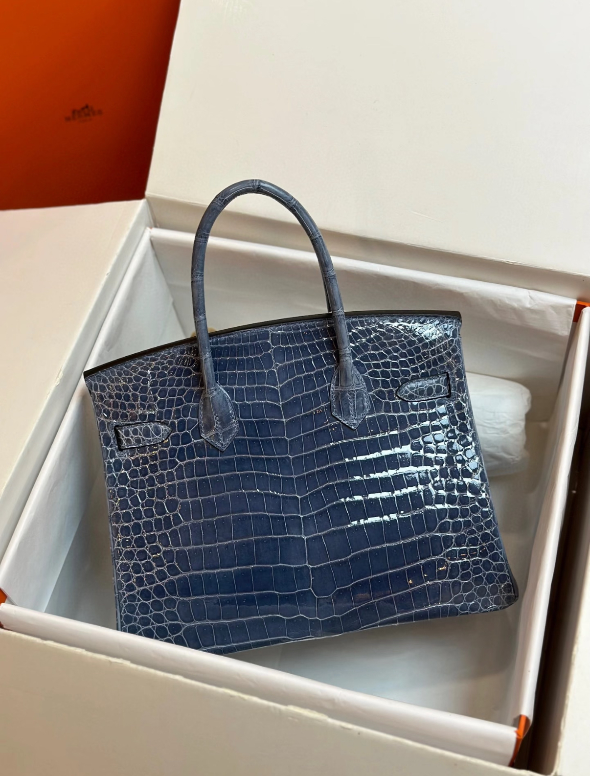 Birkin 25-30 Storm Blue Silver Buckle Custom crocodile  Leather - MOVEMENTARTISAN