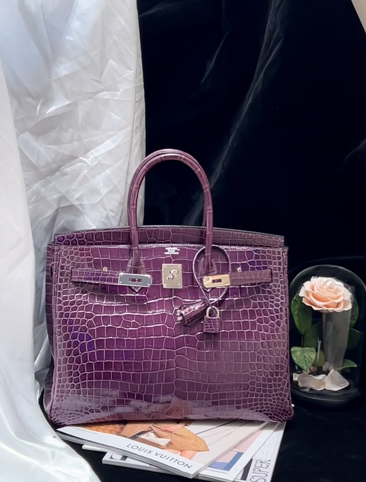 Birkin 25-35 inverted V shiny crocodile grape purple silver buckle - MOVEMENTARTISAN