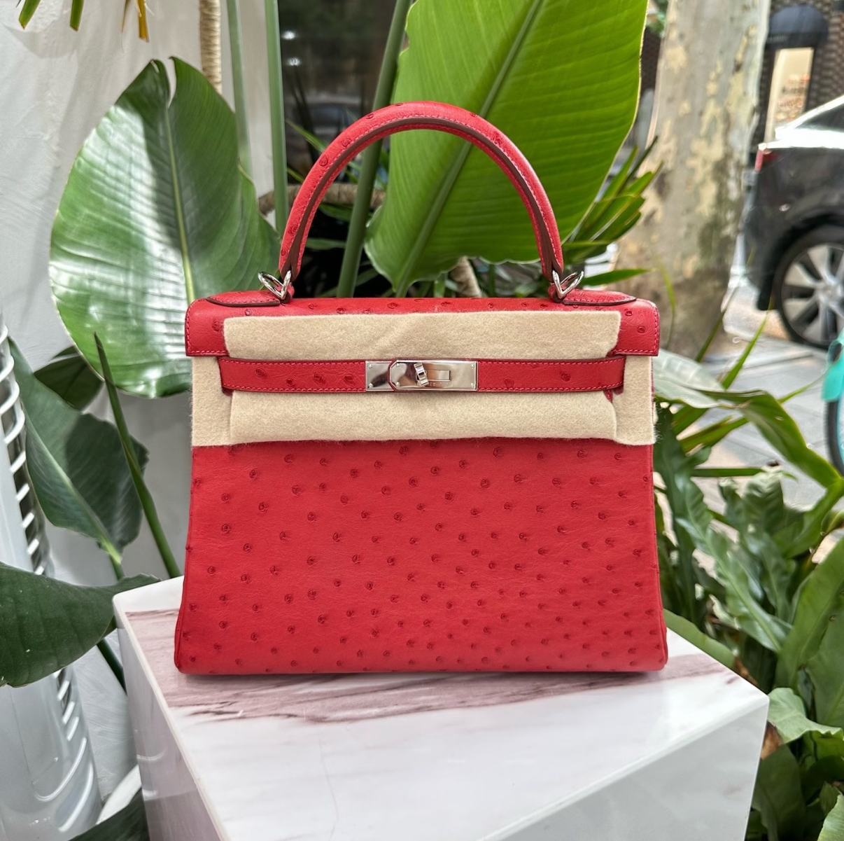 Strawberry Red Kelly 28 Ostrich Leather Gold Buckle Customizable - MOVEMENTARTISAN