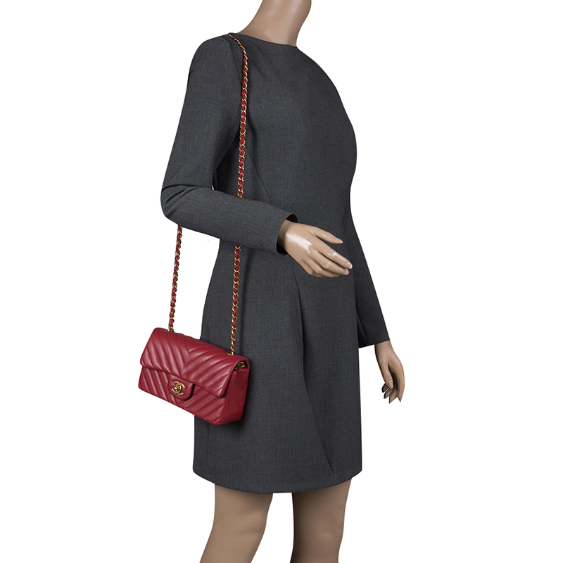 Dark Red Chevron Leather New Mini Classic Flap Bag - MOVEMENTARTISAN