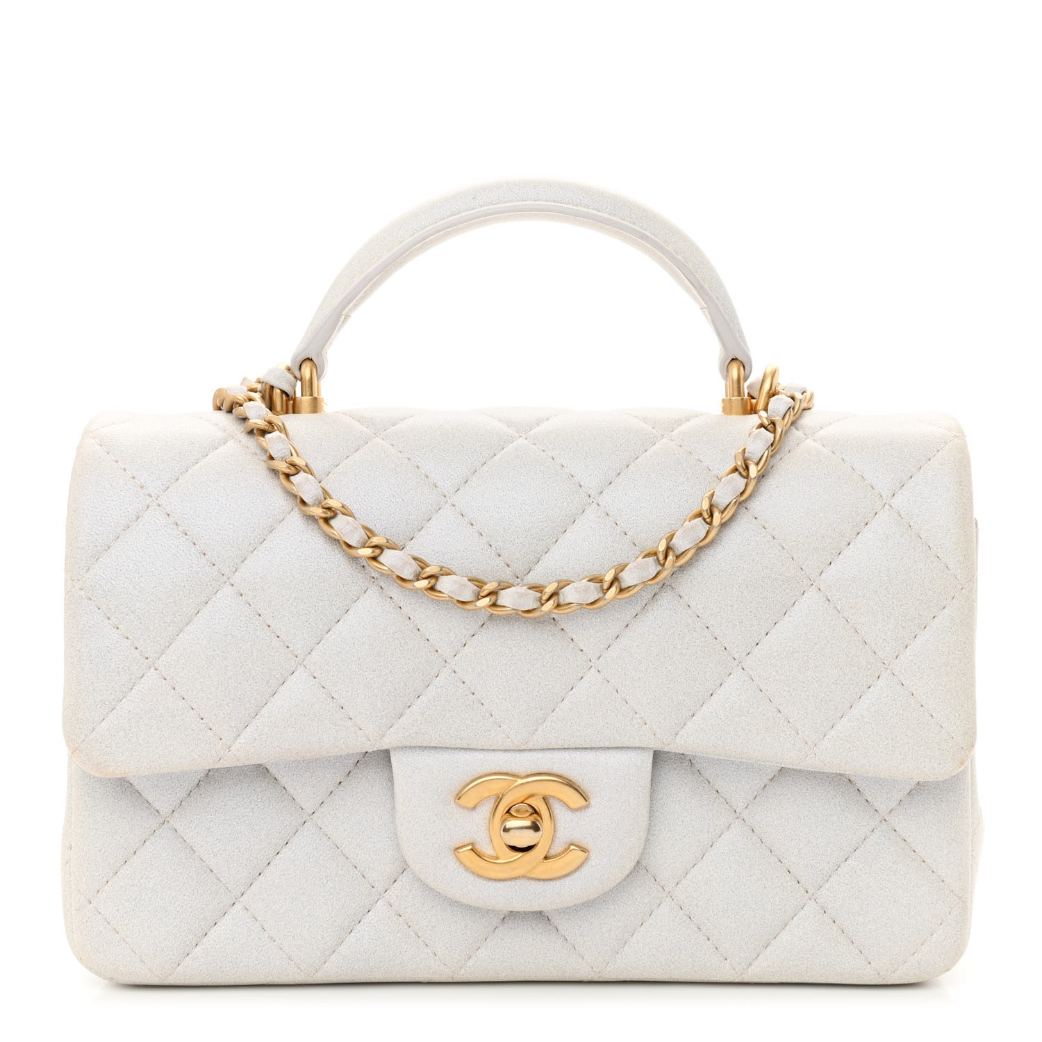 Iridescent Caviar Quilted Mini Top Handle Rectangular Flap White - MOVEMENTARTISAN