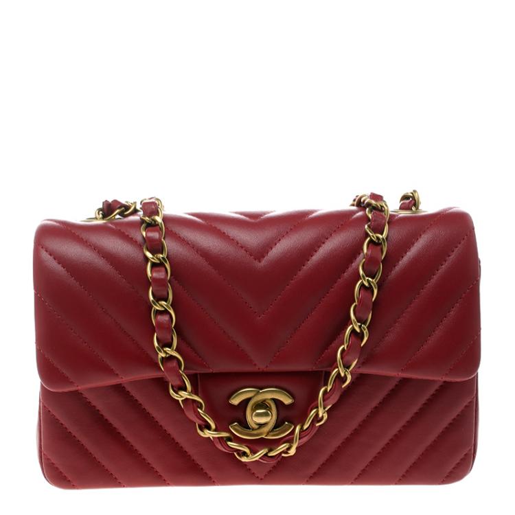 Dark Red Chevron Leather New Mini Classic Flap Bag - MOVEMENTARTISAN