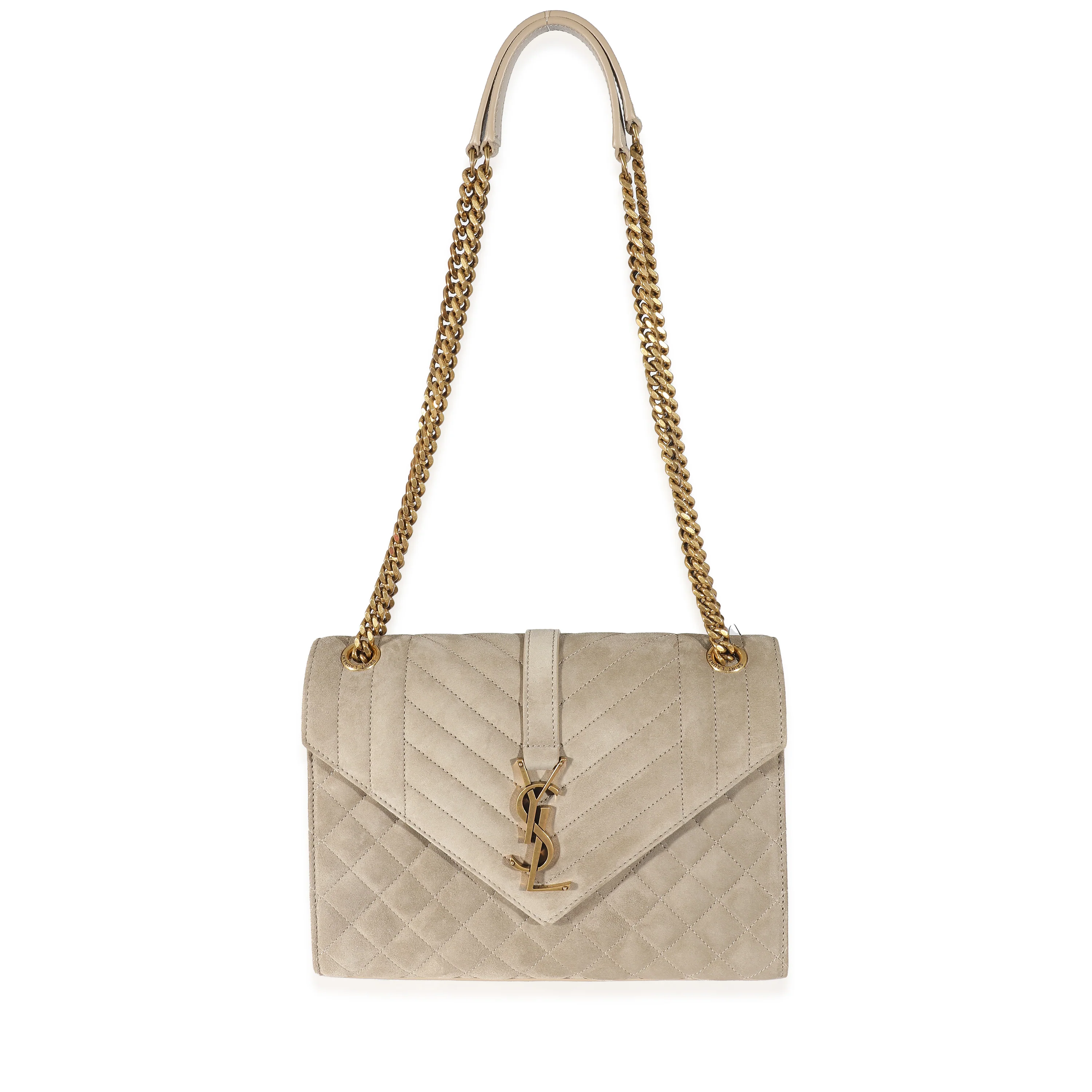 Saint Laurent Beige Suede Mixed Matelasse Triquilt Medium Monogram Envelope Satc - MOVEMENTARTISAN