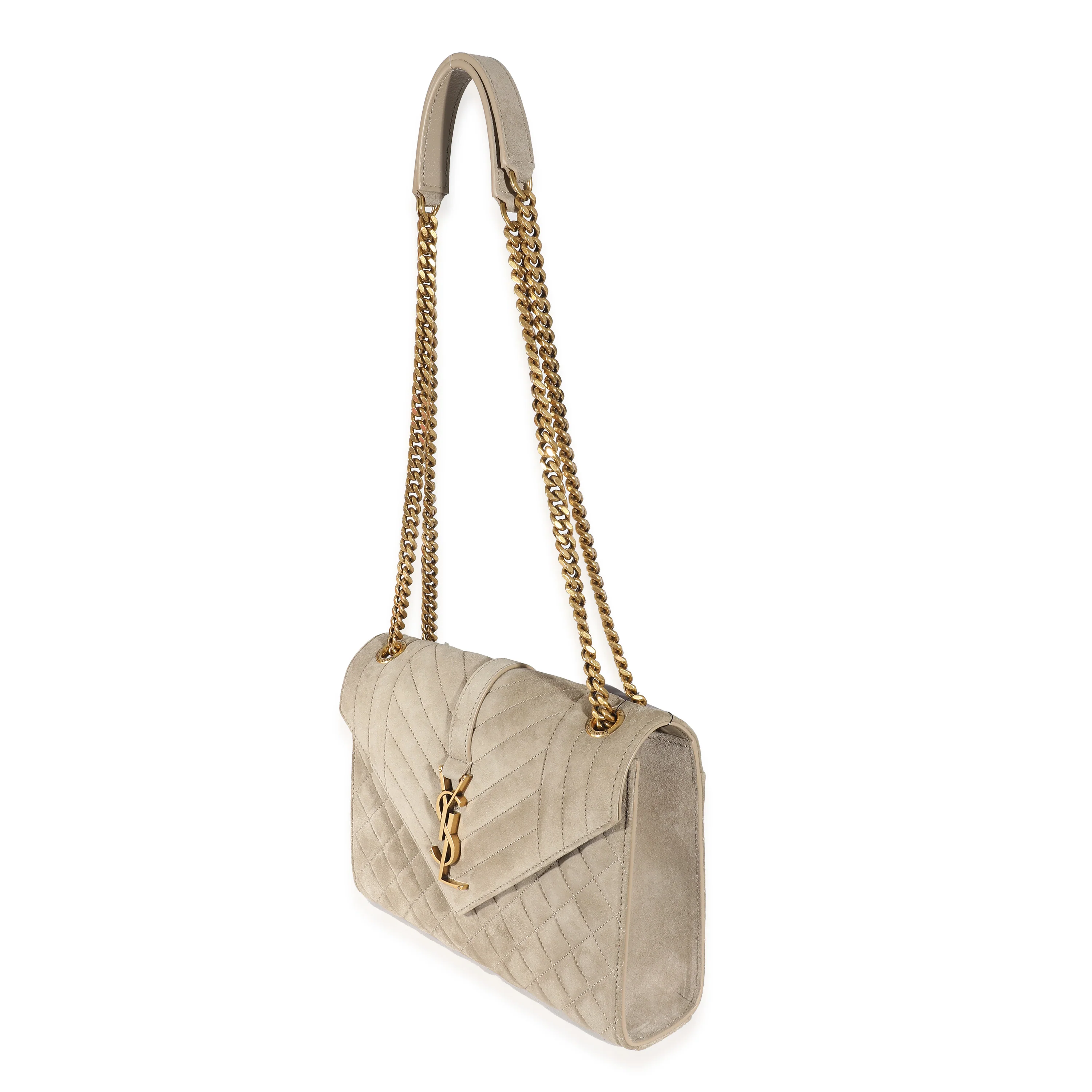 Saint Laurent Beige Suede Mixed Matelasse Triquilt Medium Monogram Envelope Satc - MOVEMENTARTISAN