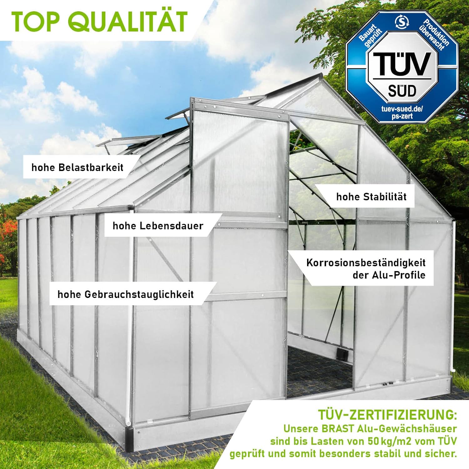 BRAST Aluminium Greenhouse with Base 380 x 250 x 205 cm. TÜV Tested. 6 mm Hollow Chamber Panels. Rustproof/Weatherproof/Temperature-Resistant