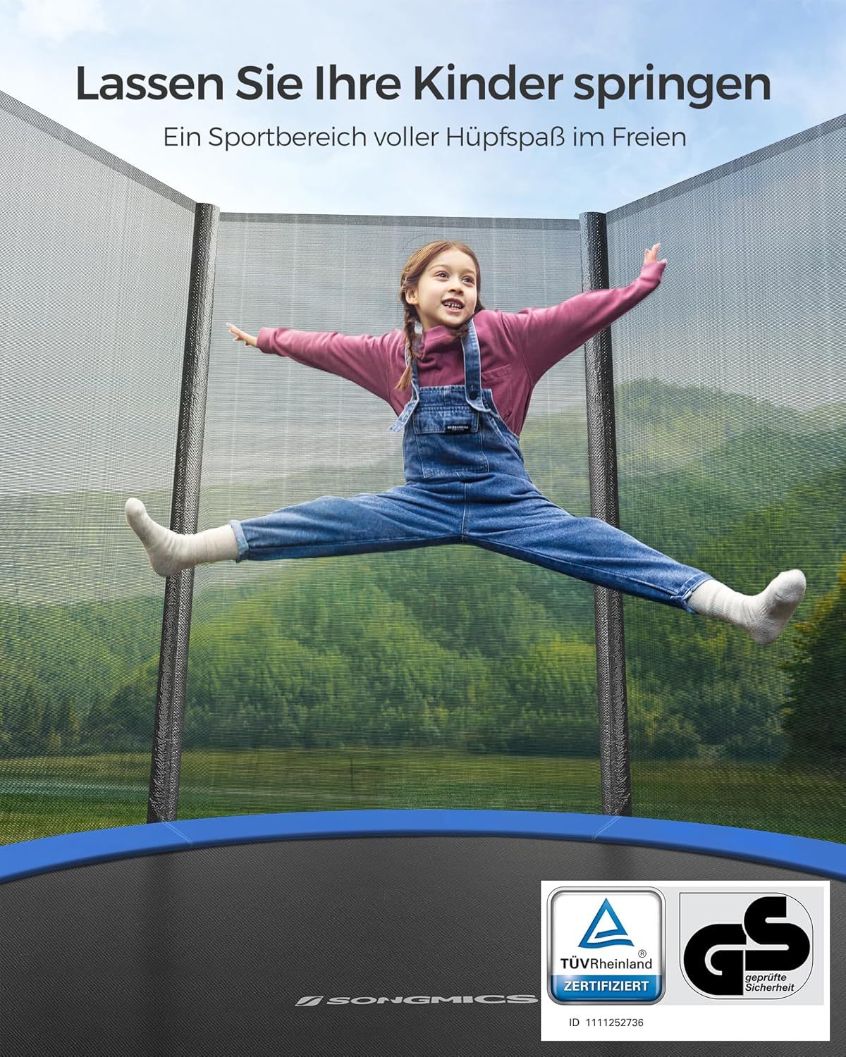 SONGMICS Outdoor Trampoline Ø 183cm. Round Garden Trampoline with Safety Net. Ladder and Padded Poles