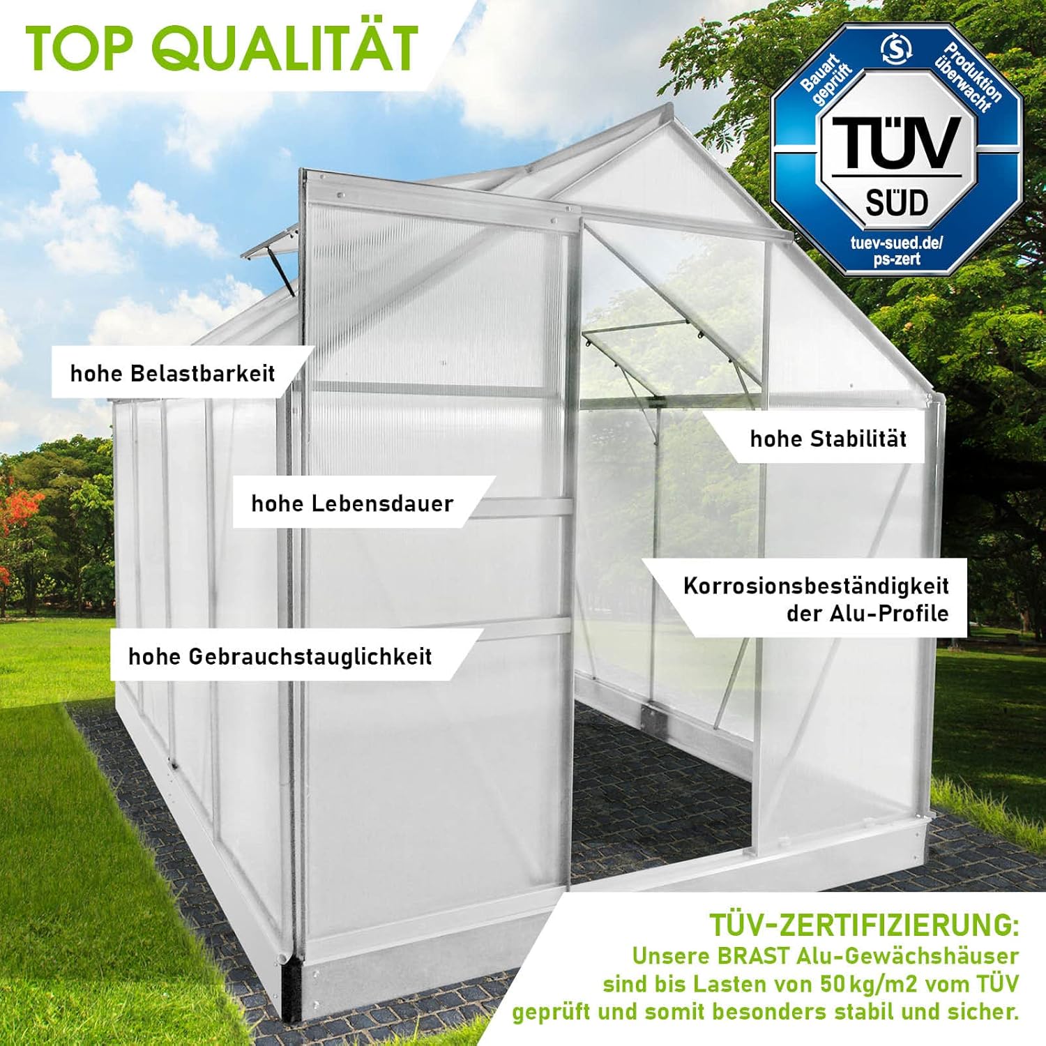BRAST Aluminium Greenhouse with Base. 250 x 190 x 195 cm. TÜV Tested. 6 mm Hollow Chamber Panels Rustproof. Weatherproof. Temperature-Resistant