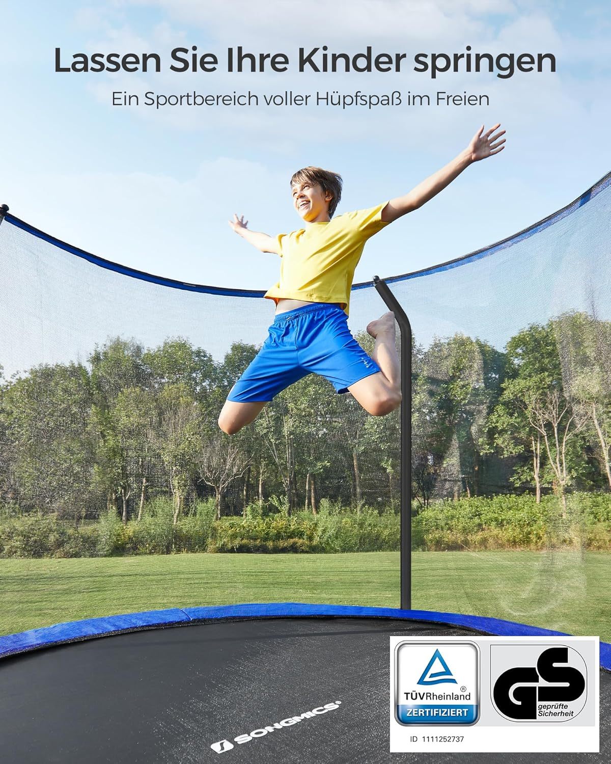 SONGMICS Outdoor Trampoline Ø 366 cm. Round Garden Trampoline with Safety Net and Ladder. Edge Cover. Padded Frame. for Children
