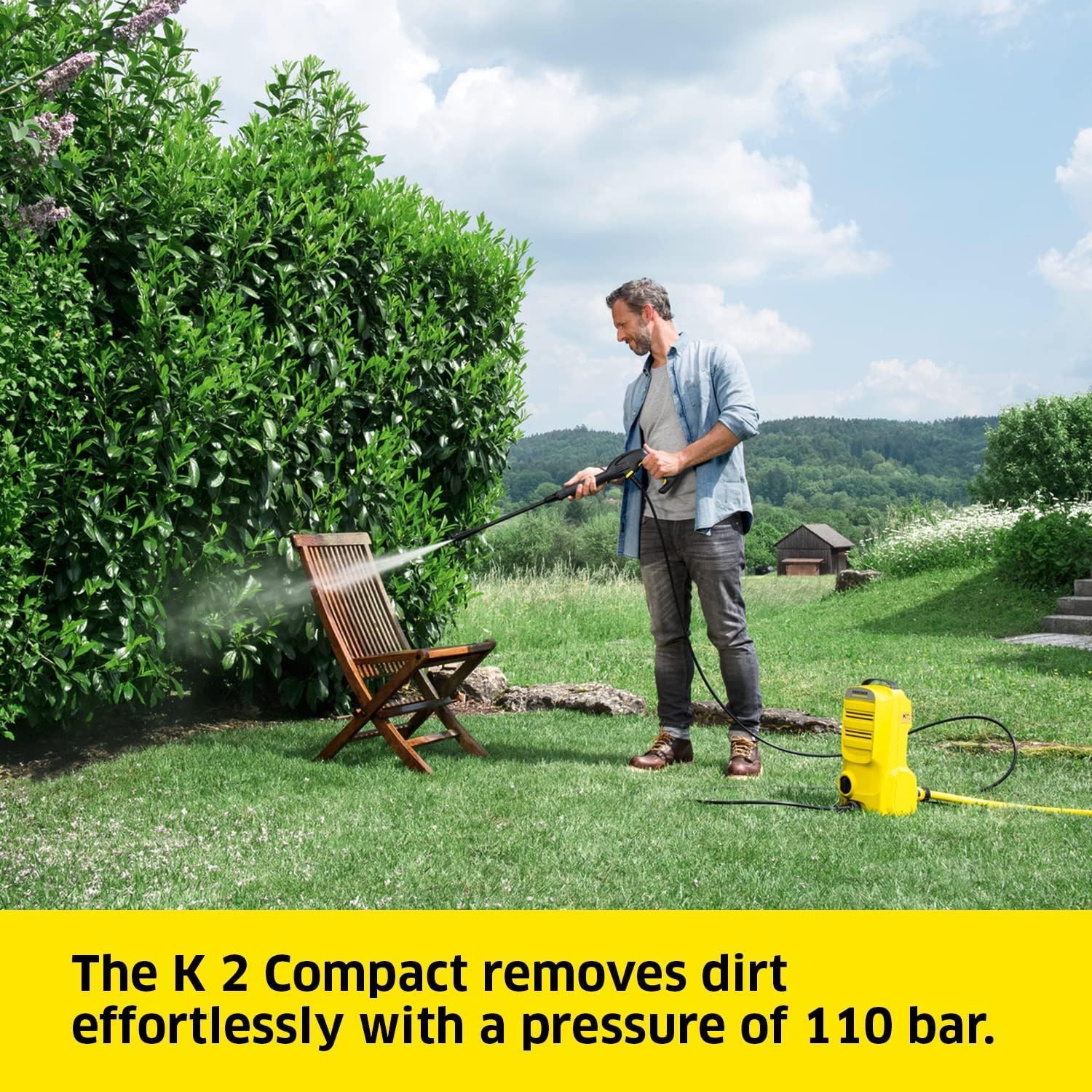 Kärcher Pressure Washer K 2 Compact Car & Home. pressure: 110 bar. flow rate: 360l/h. area: 20m²/h. water filter. weight: 3.74kg. high-pressure hose & gun. dirt blaster. spray lance. Home & Car kit