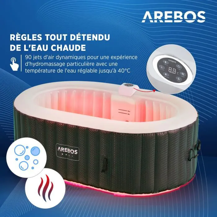 AREBOS Spa Gonflable avec éclairage LED | Gonflable | Intérieur & Extérieur | 190x120 cm Ovale | 2 Personnes
