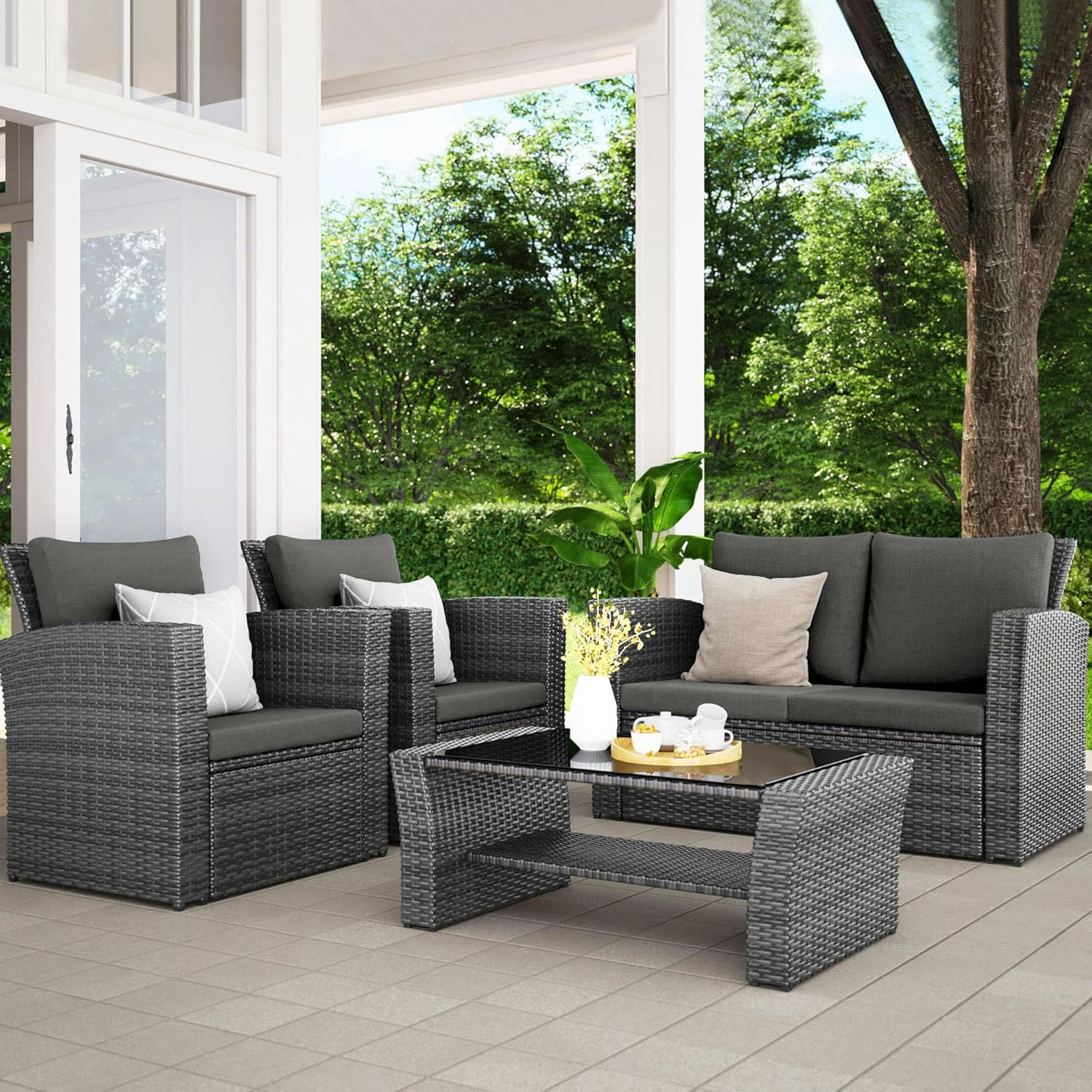 Wisteria Lane 4 Piece Outdoor Patio Furniture Sets. Wicker Conversation Set for Porch Deck. Grey Rattan Sofa Chair with Cushion