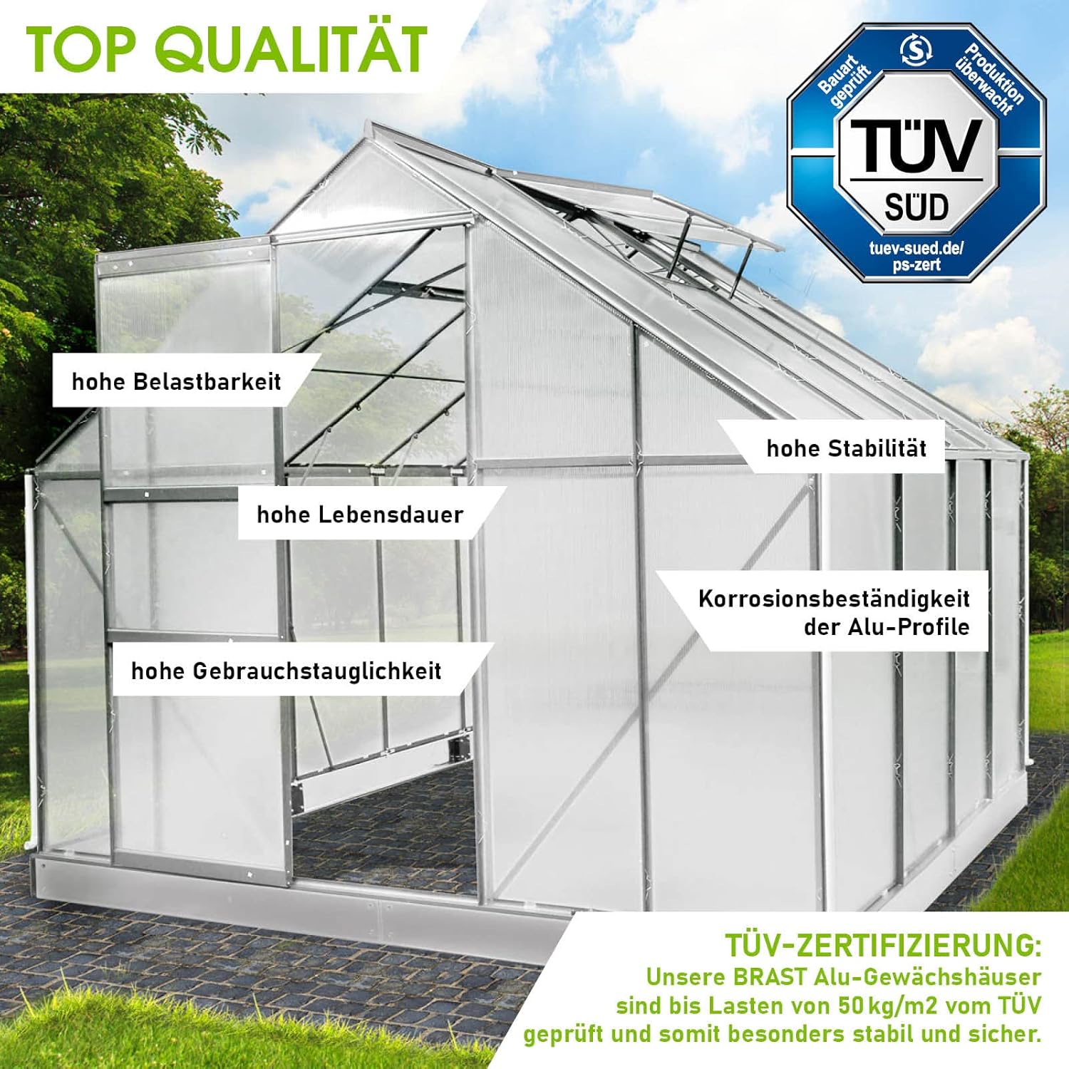 BRAST Aluminium Greenhouse with Base. 250 x 250 x 205 cm. TÜV Tested. 6 mm Hollow Chamber Panels Rustproof. Weatherproof. Temperature-Resistant