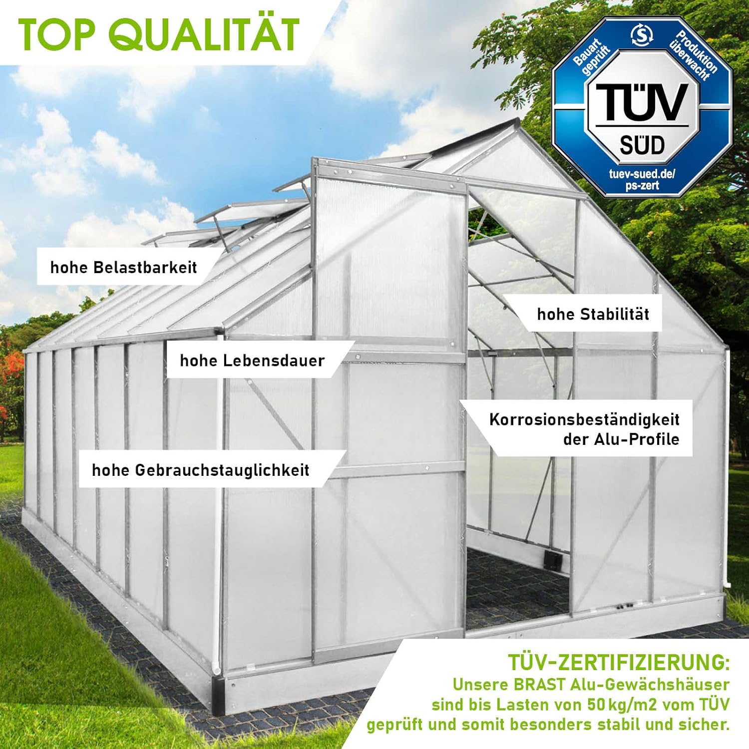 BRAST Aluminium Greenhouse with Base 430 x 250 x 205 cm. TÜV Tested. 6 mm Hollow Chamber Panels. Rustproof/Weatherproof/Temperature-Resistant