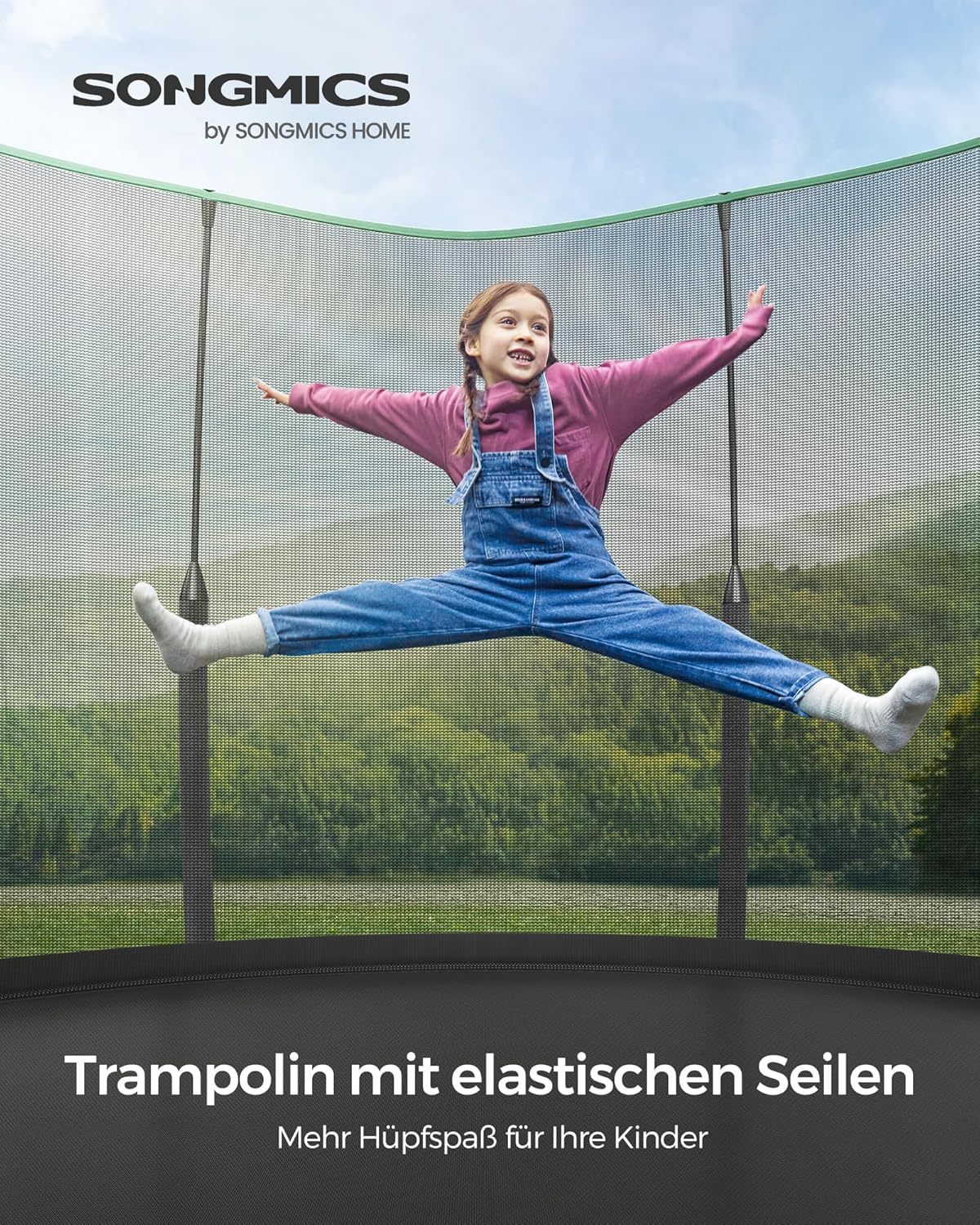 SONGMICS Springless Trampoline Ø 305 cm. Outdoor Trampoline for Children. Elastic Ropes. Safety Net with Zipper. Fiberglass Poles. Safe. Quiet