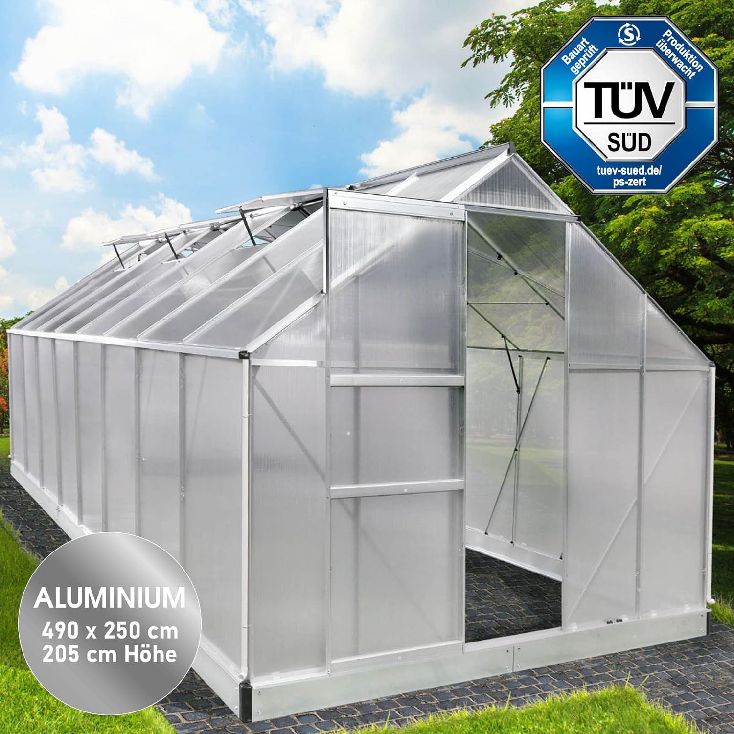 BRAST Aluminium Greenhouse with Base 490 x 250 x 205 cm. TÜV Tested. 6 mm Hollow Chamber Panels. Rustproof/Weatherproof/Temperature-Resistant