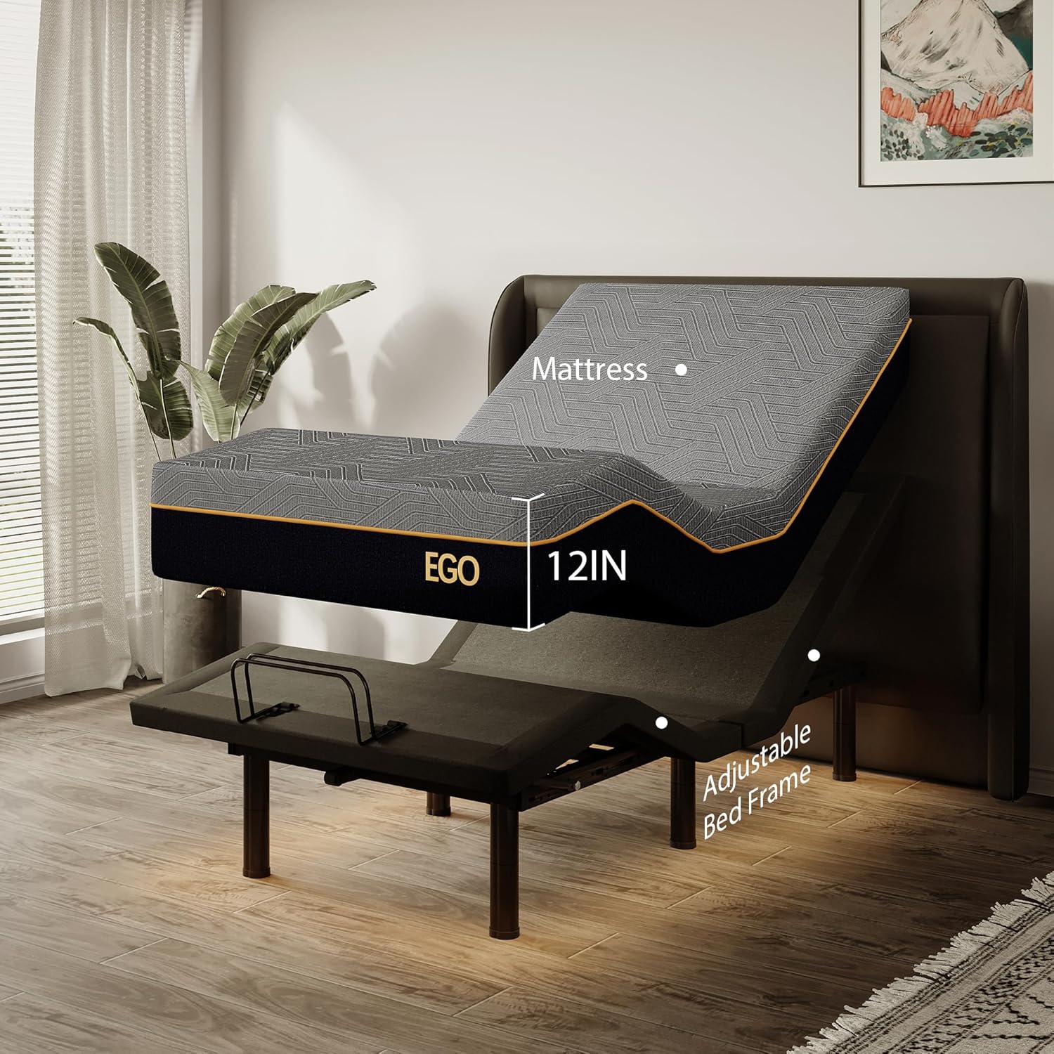 Split King Adjustable Bed Frame and 14 Memory Foam Mattress. Independent Head and Foot Incline Electric Bed with Massage. Wireless Remote. Zero Gravity. LED Lights. USB Ports. Adjustable Legs