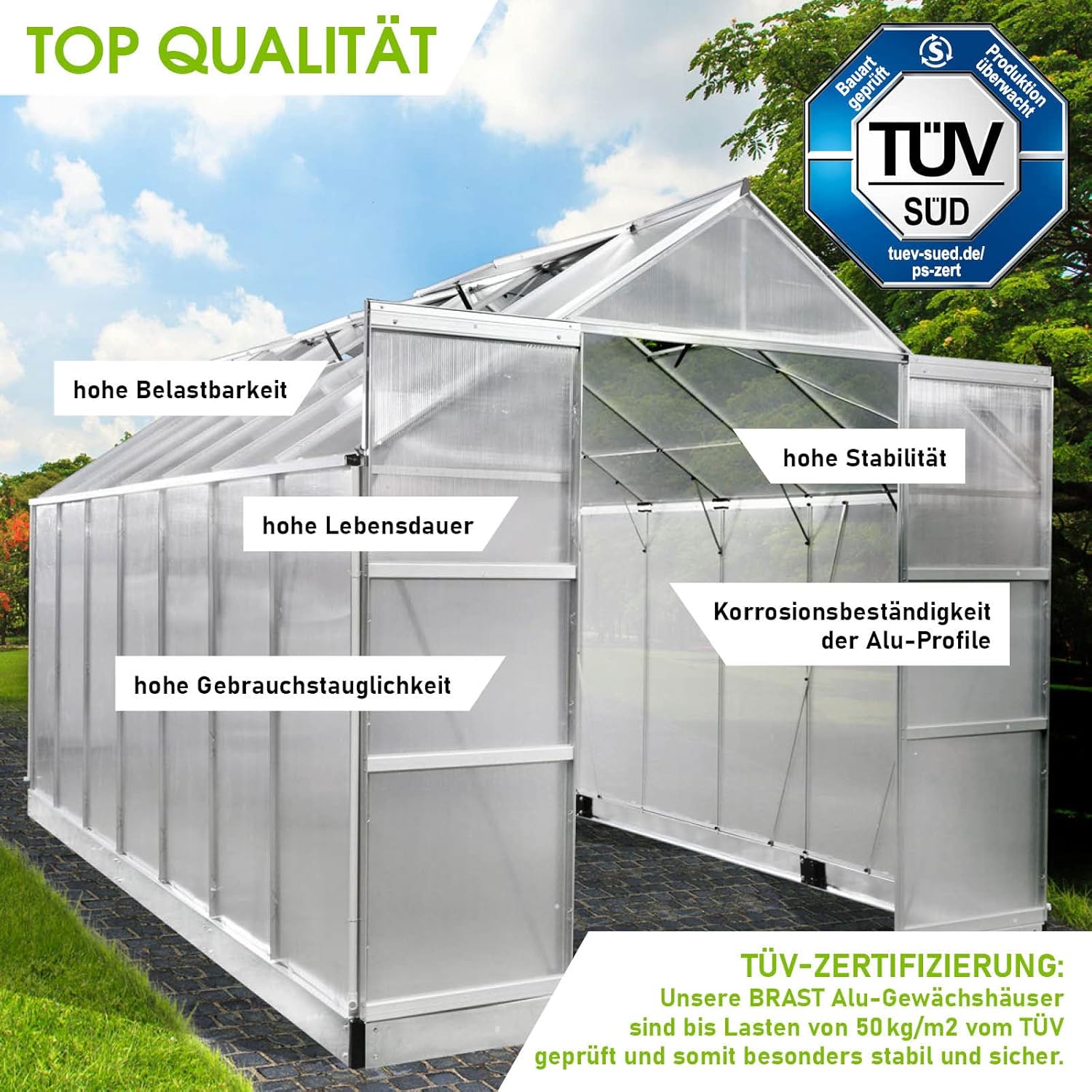 BRAST Aluminium Greenhouse with Base 430 x 250 x 235 cm. TÜV Tested. 6 mm Hollow Chamber Panels. Rustproof/Weatherproof/Temperature-Resistant