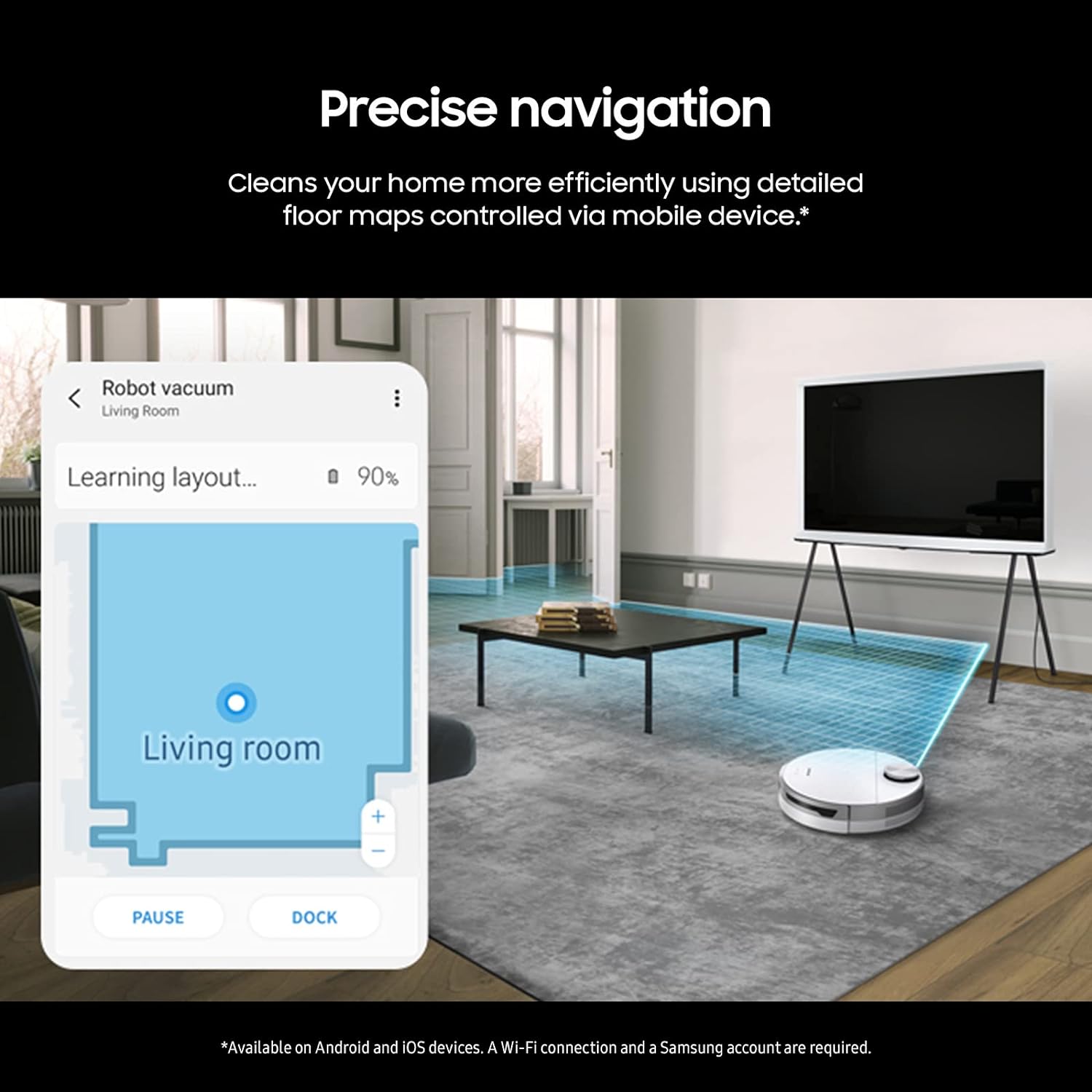 Samsung Jet Bot Robot Cordless Vacuum Cleaner w/Intelligent Power Control. Precise Navigation. Multi Surface Cleaning for Hardwood Floors. Carpets. Rugs. Anti Hair. VR30T80313W/AA. White